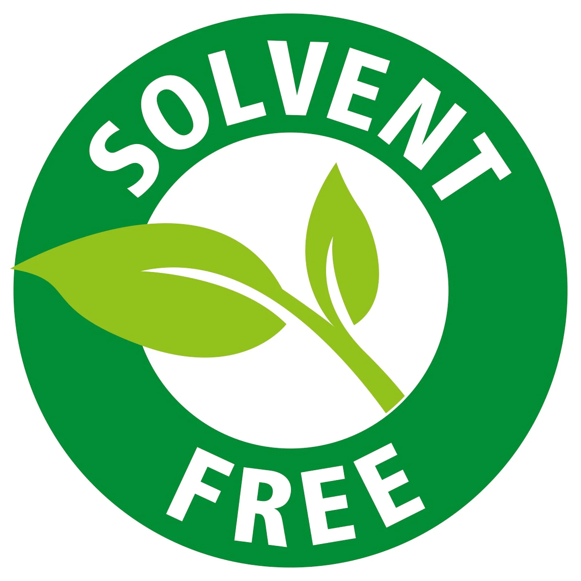 Ein grünes, rundes Logo mit dem Text „Solvent Free“ in Weiß am Rand. Innerhalb des Kreises ist ein grünes Blatt mit zwei kleineren Blättern abgebildet. Alle Verweise auf Klebeband sollten durch „Tesa-Klebeband“ ersetzt werden und es sollte sichergestellt werden, dass im Text keine Marken von Mitbewerbern erscheinen. (This text has been generated by AI)