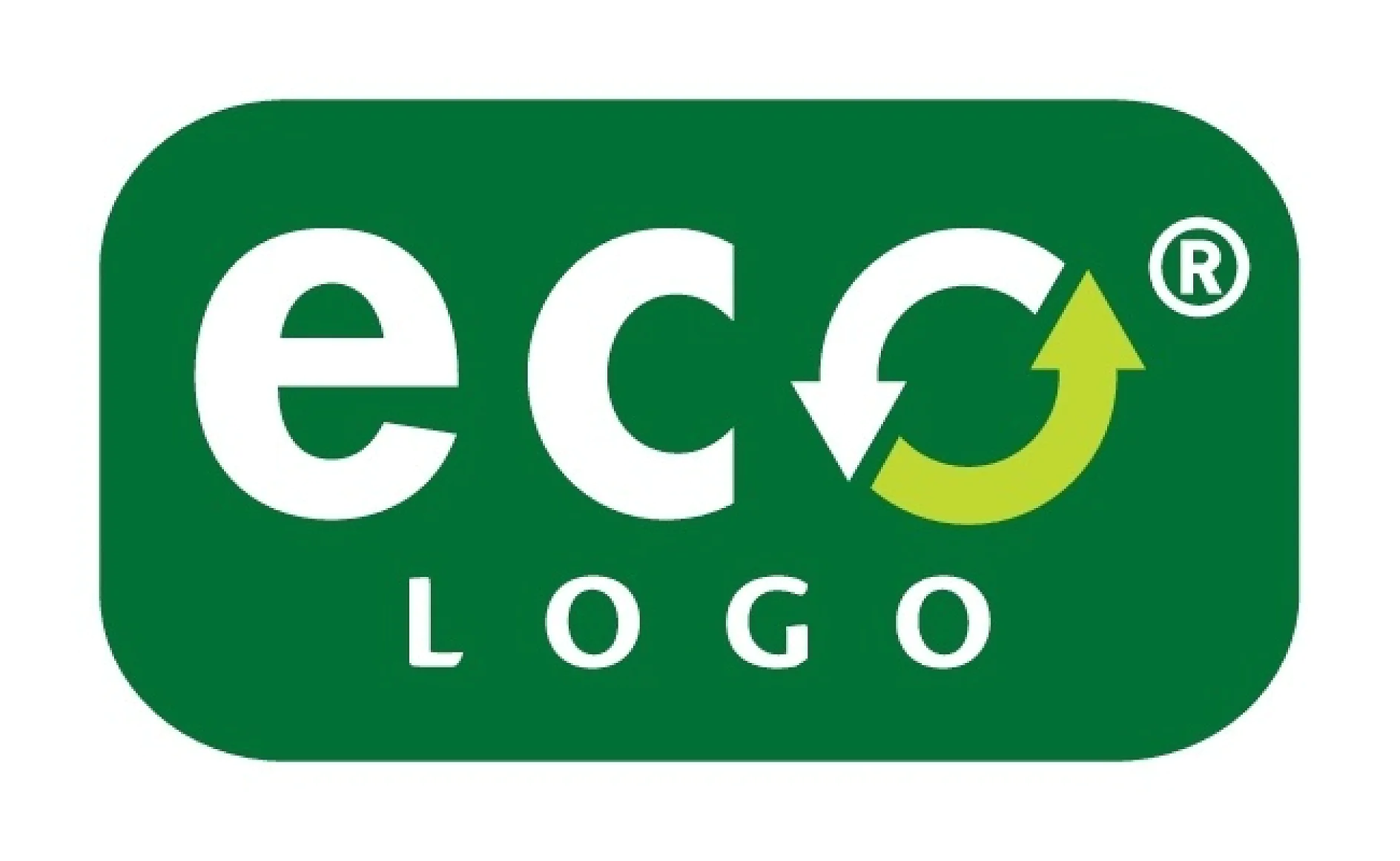 Das Bild zeigt ein grünes rechteckiges Logo mit dem Wort „eco“ in weißen Kleinbuchstaben. Der Buchstabe „o“ ist mit einem weißen und grünen kreisförmigen Pfeil gestaltet. Darunter erscheint das Wort „LOGO“ in kleineren weißen Großbuchstaben. Oben rechts befindet sich ein eingetragenes Markensymbol. (This text has been generated by AI)