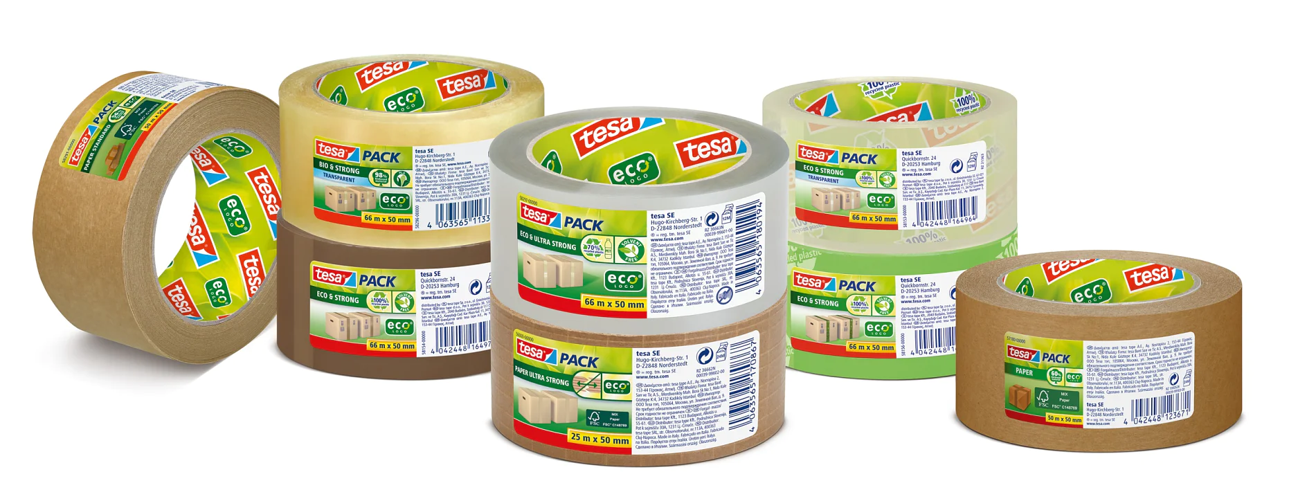 Gezeigt werden sechs Rollen Tesa-Verpackungsband, davon zwei braune und vier transparente Rollen. Jede Rolle trägt ein „Tesa“-Etikett mit Produktdetails und umweltfreundlichem Branding. Die Tesa-Bänder sind unterschiedlich groß und in zwei Reihen angeordnet. (This text has been generated by AI)