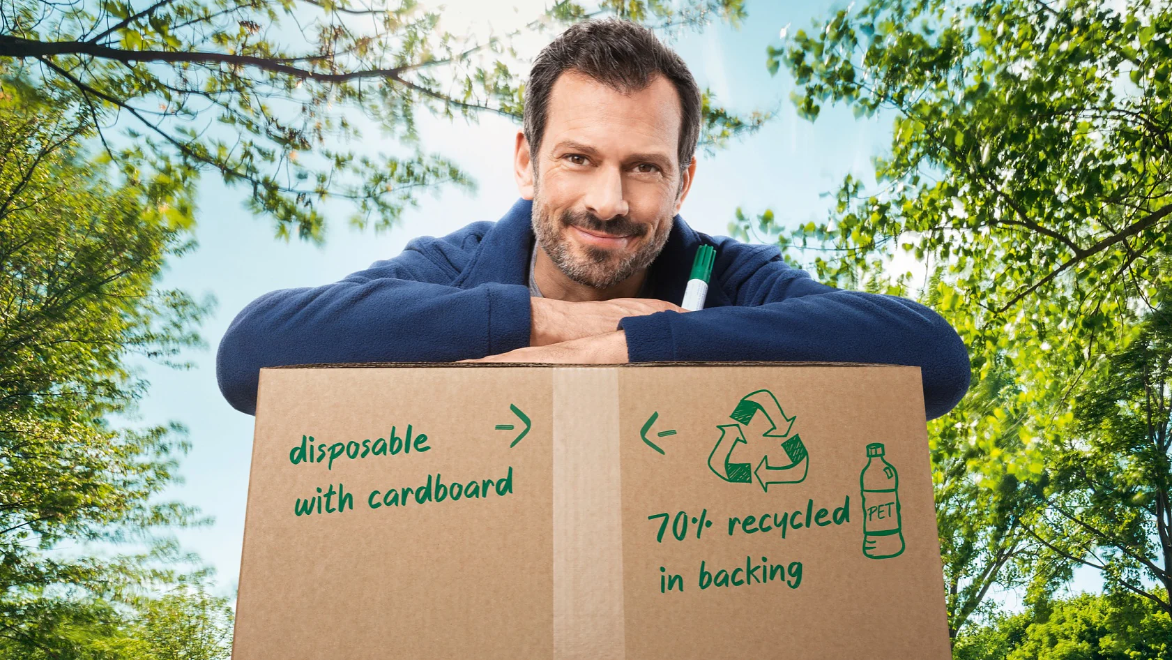 Ein Mann mit dunklem Haar und Bart lehnt an einem großen Karton mit grünem Text: „Einwegkarton mit Karton“ und „70 %+ Recyclingmaterial im Trägermaterial“. Im Hintergrund sind Bäume und ein strahlend blauer Himmel zu sehen. (This text has been generated by AI)