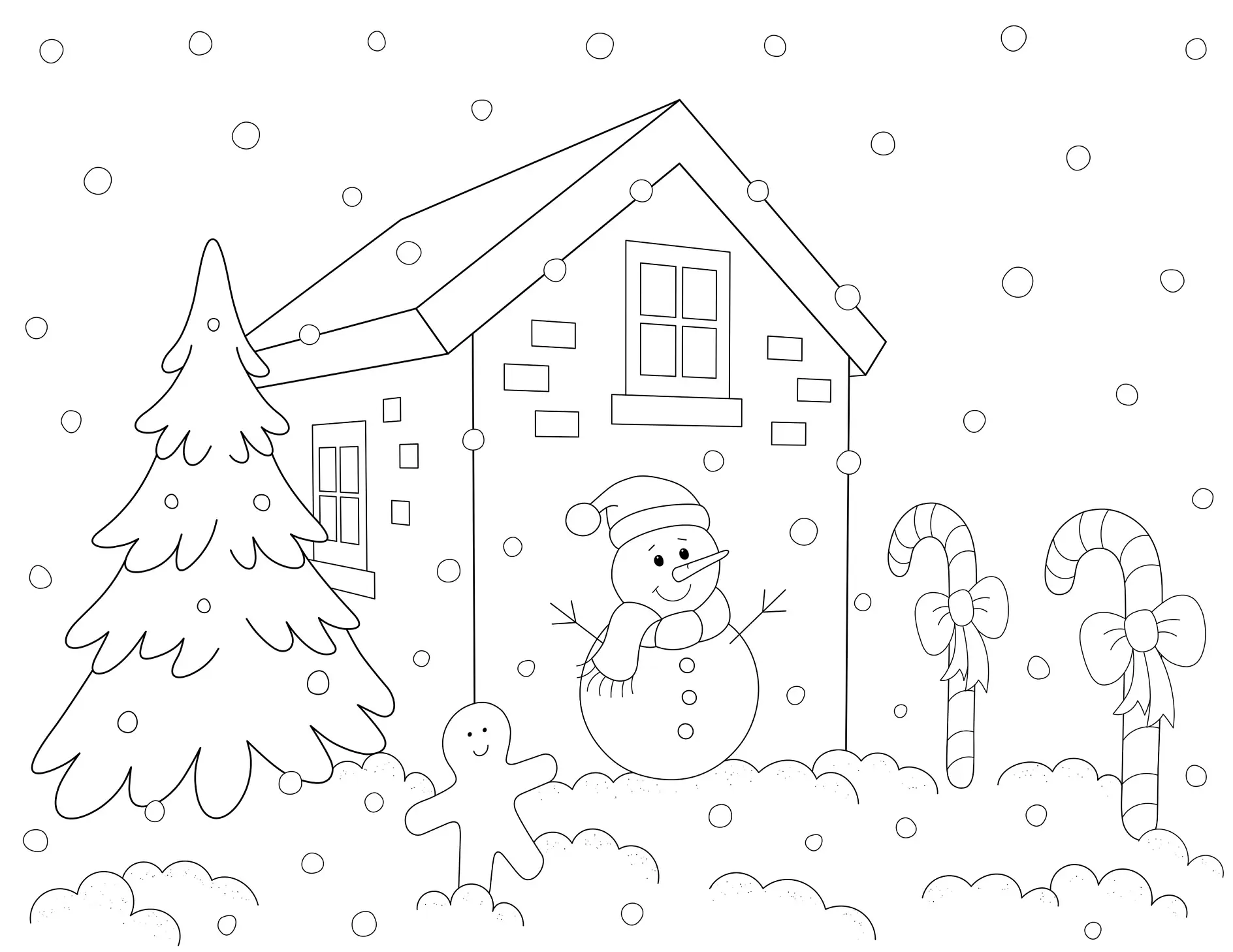 Ausmalbild Haus mit Schneemann Tanne und Lebkuchenmann
