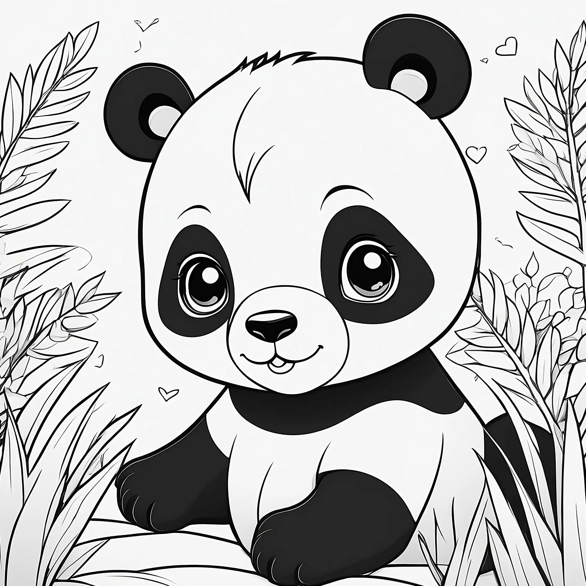 Ausmalbild junger Panda zwischen Gräsern