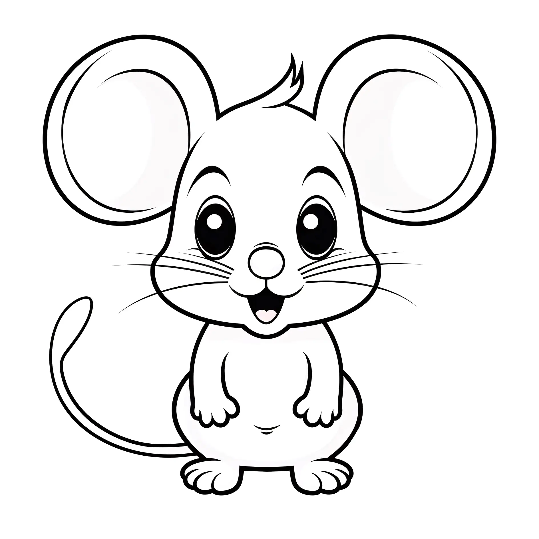 Ausmalbild kleine Maus frontal mit strahlendem Lächeln