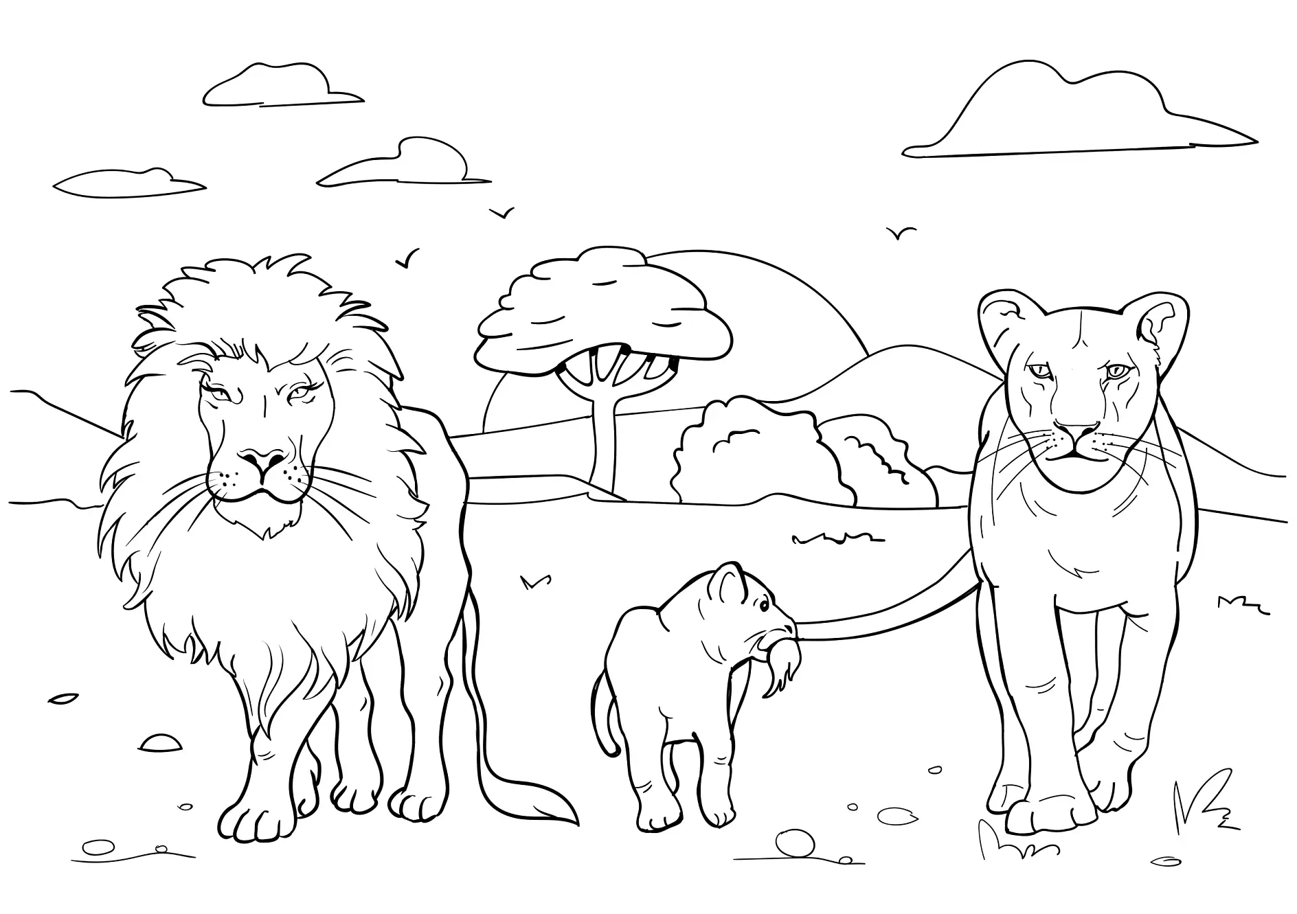 Ausmalbild Löwenfamilie in SavannenlandschaftRealistic Lion Coloring Pages.