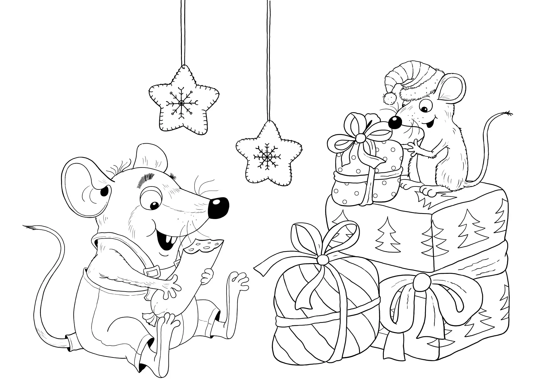 Ausmalbild Mäuse mit Geschenken und Weihnachtsdekoration