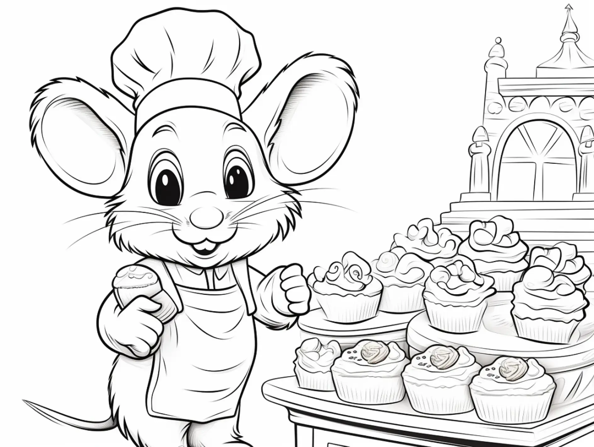 Ausmalbild Maus als Bäcker mit Cupcakes