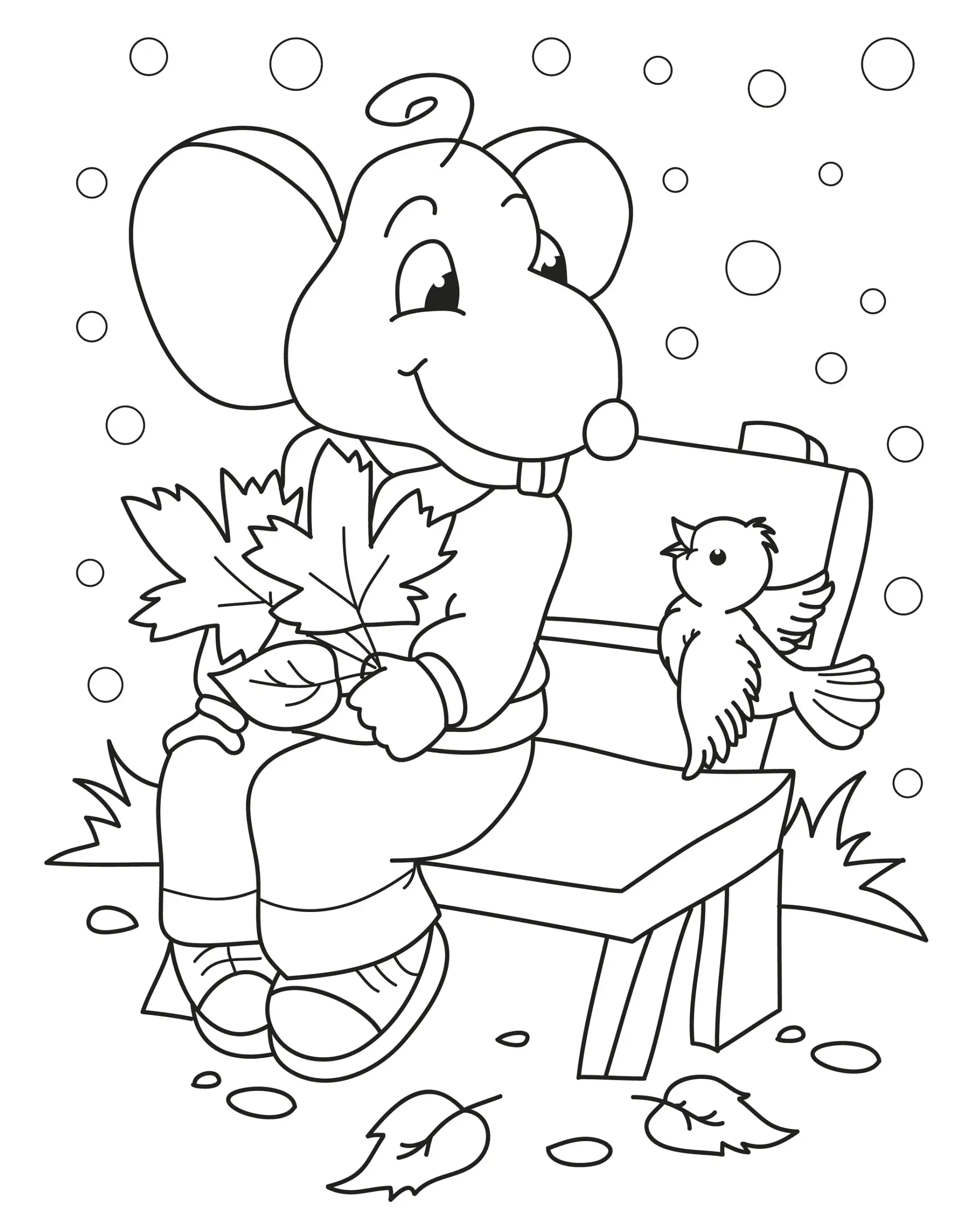 Ausmalbild Maus auf Bank mit Vogel und Herbstblättern