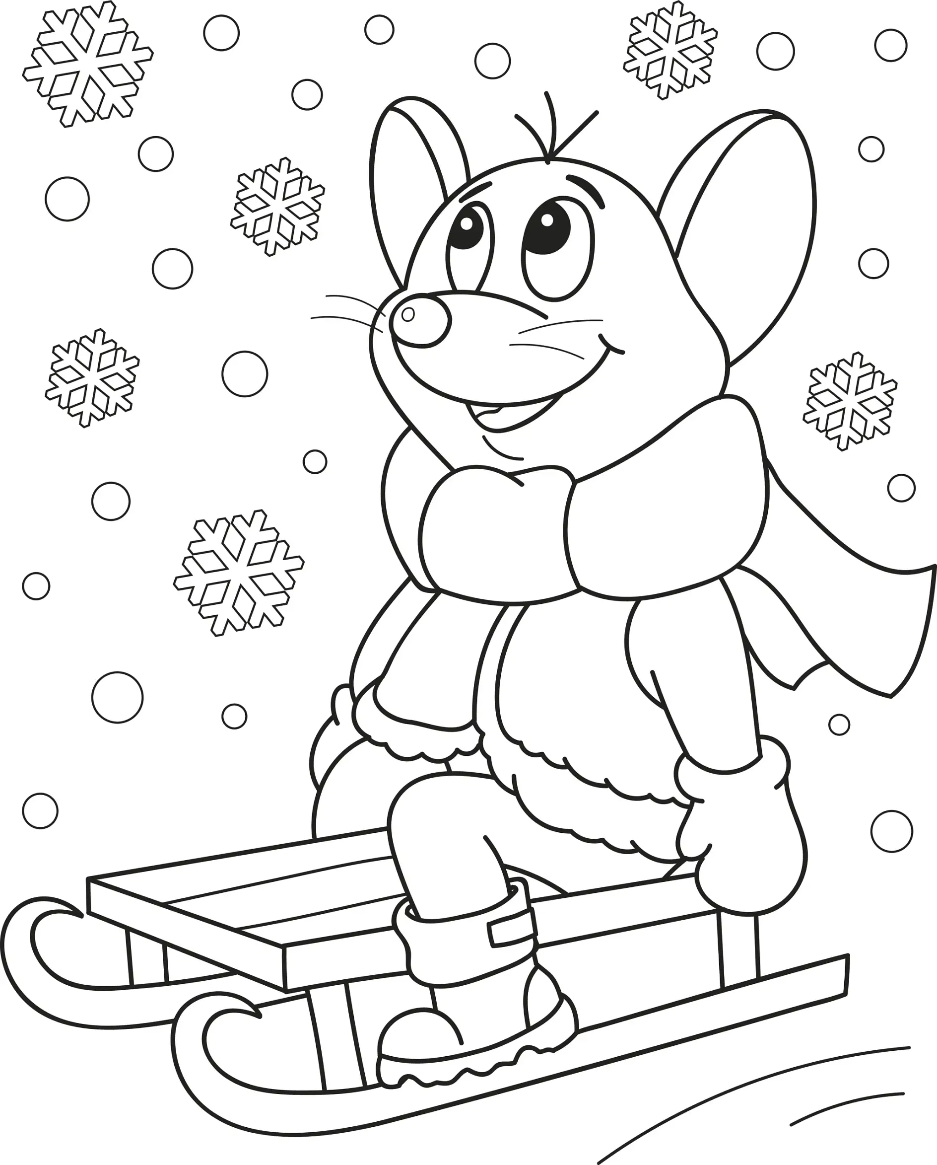 Ausmalbild Maus auf Schlitten unter Schneeflocken