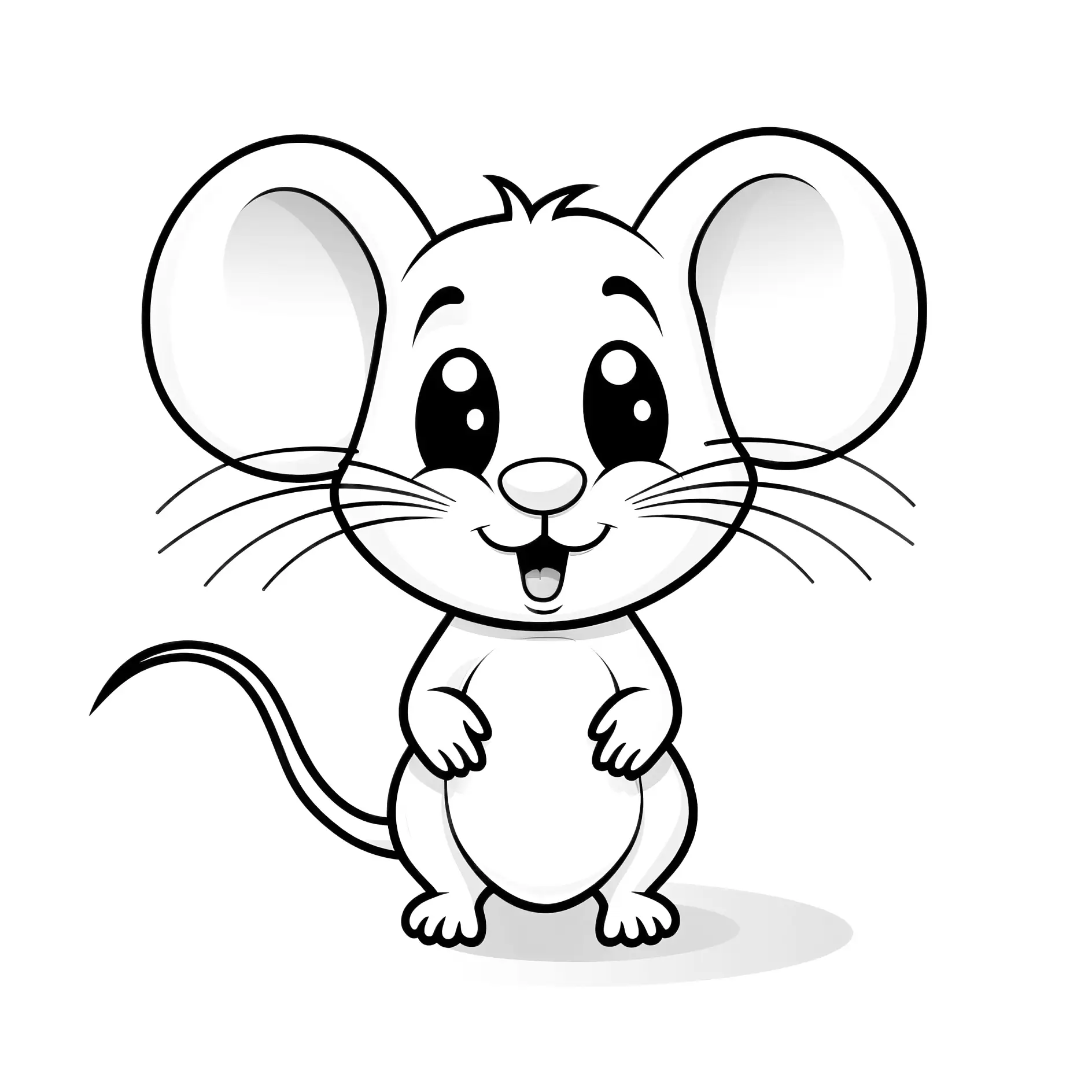 Ausmalbild Maus frontal mit großen Ohren und Lächeln