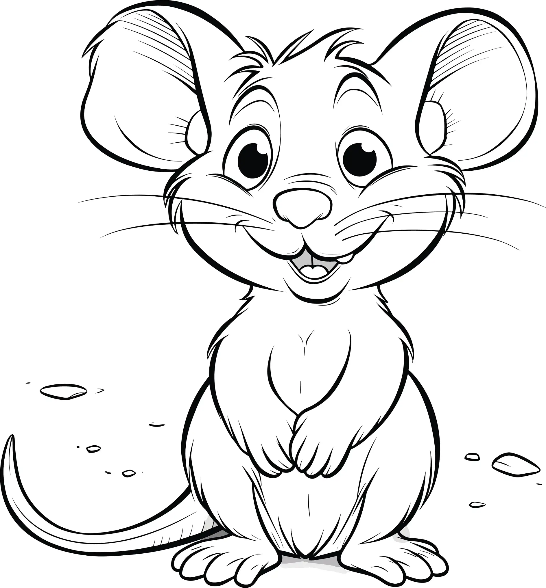 Ausmalbild Maus frontal sitzend mit großen Ohren lächelnd