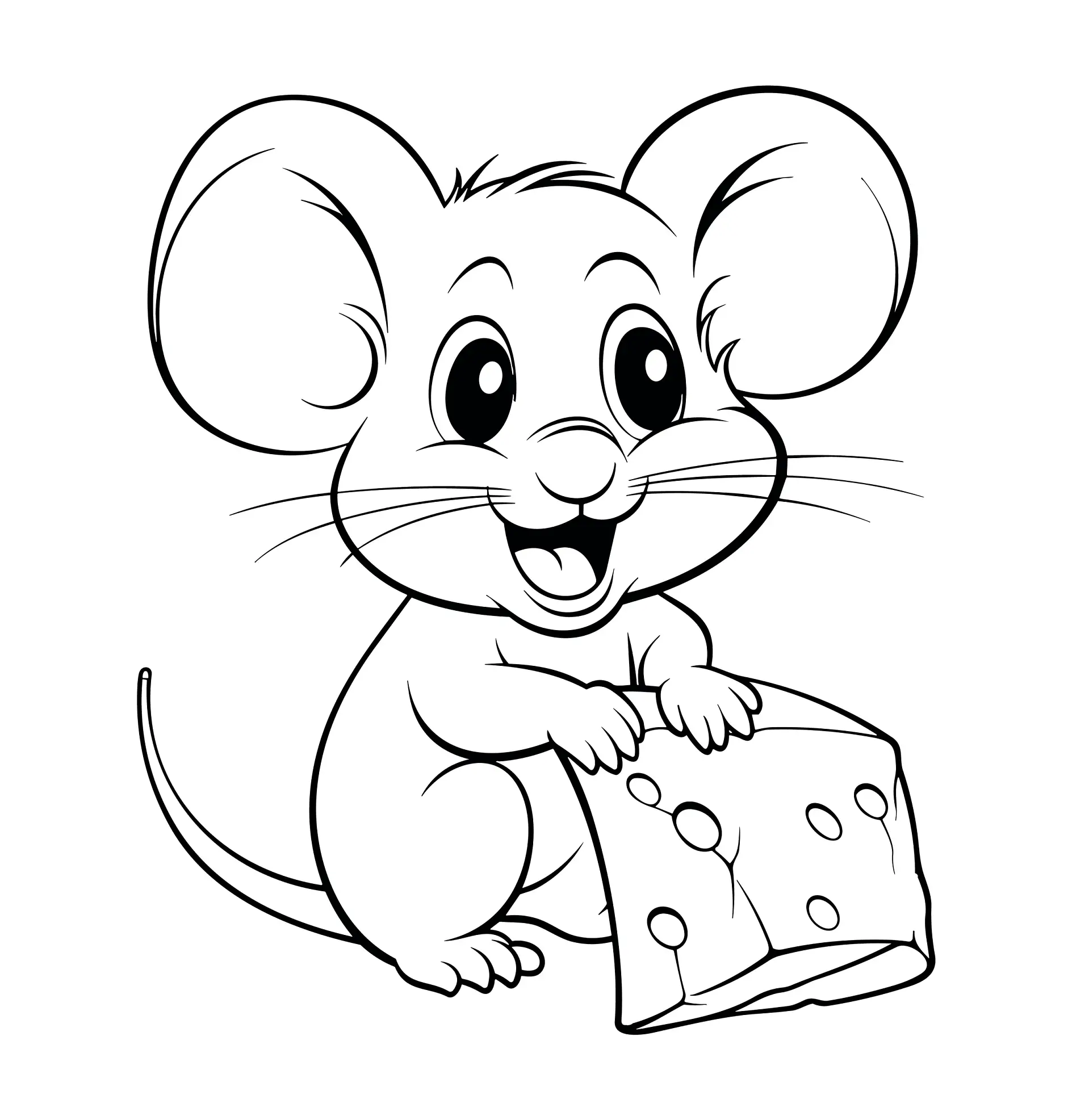 Ausmalbild Maus hält Käse und lächelt