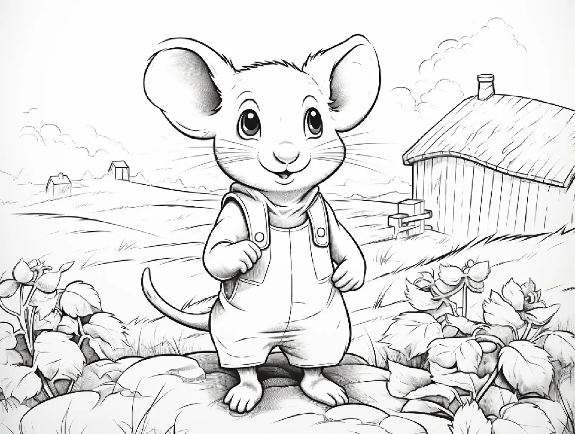Ausmalbild Maus mit Latzhose auf Feldweg neben Bauernhaus