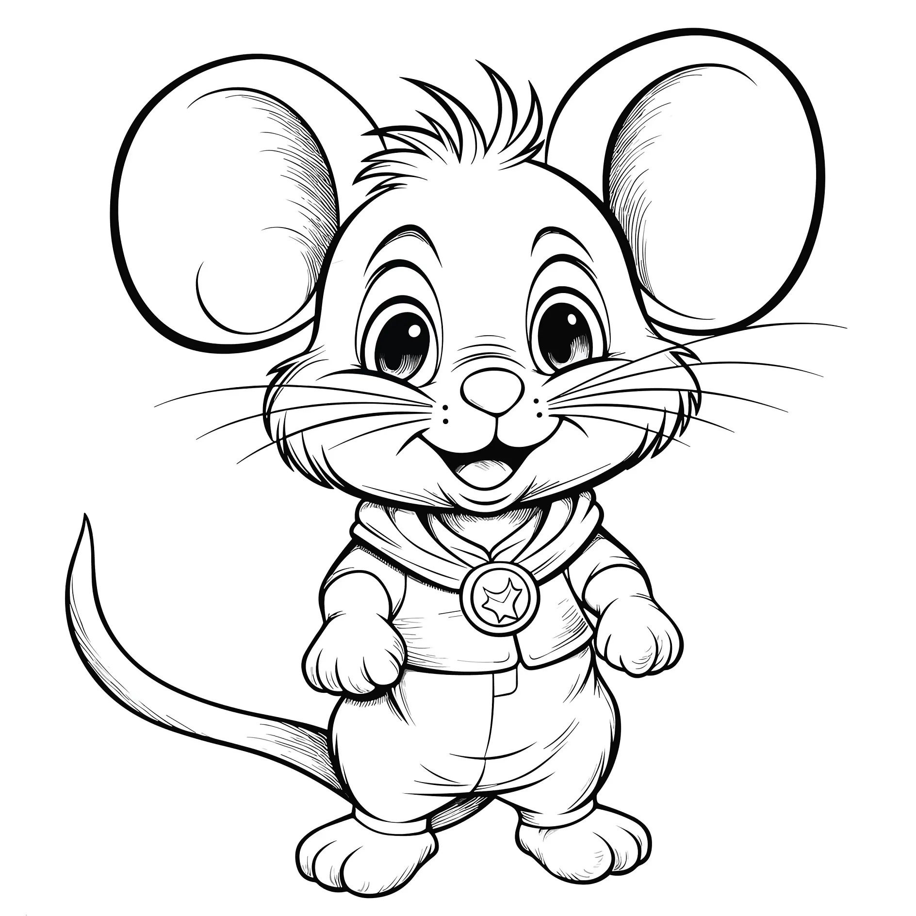 Ausmalbild Maus mit Medaille stehend lächelt