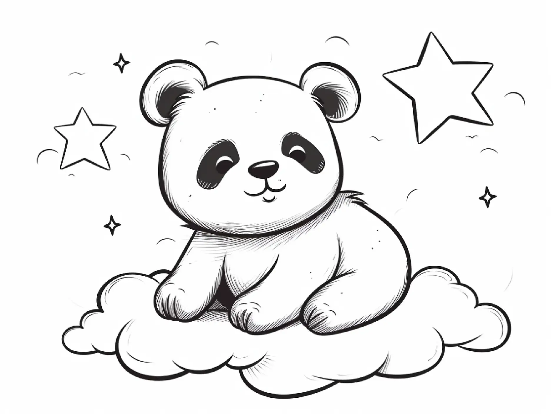 Ausmalbild Panda auf Wolke mit Sternen