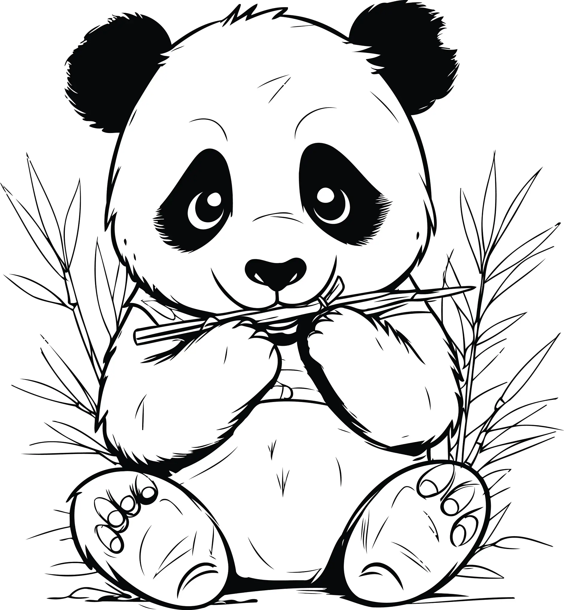 Ausmalbild Panda isst Bambus sitzend
