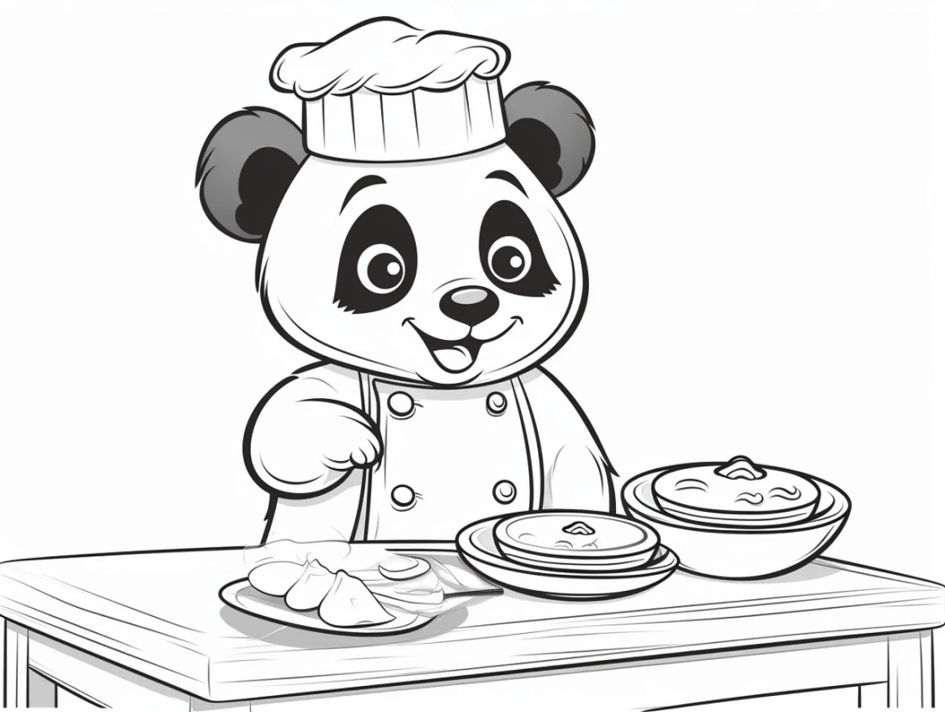 Ausmalbild Panda Koch mit Essen auf Tisch