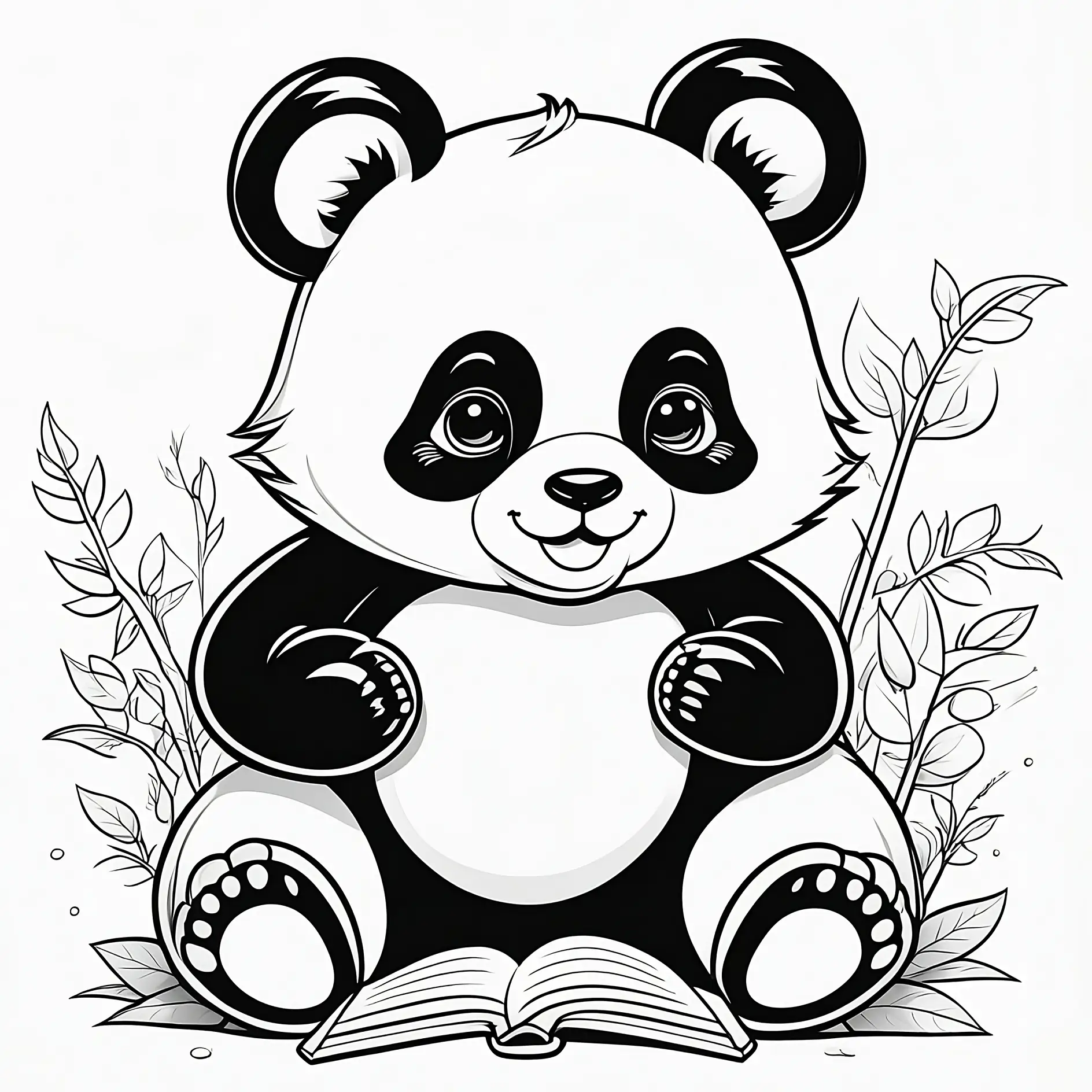 Ausmalbild Panda liest Buch umgeben von Pflanzen