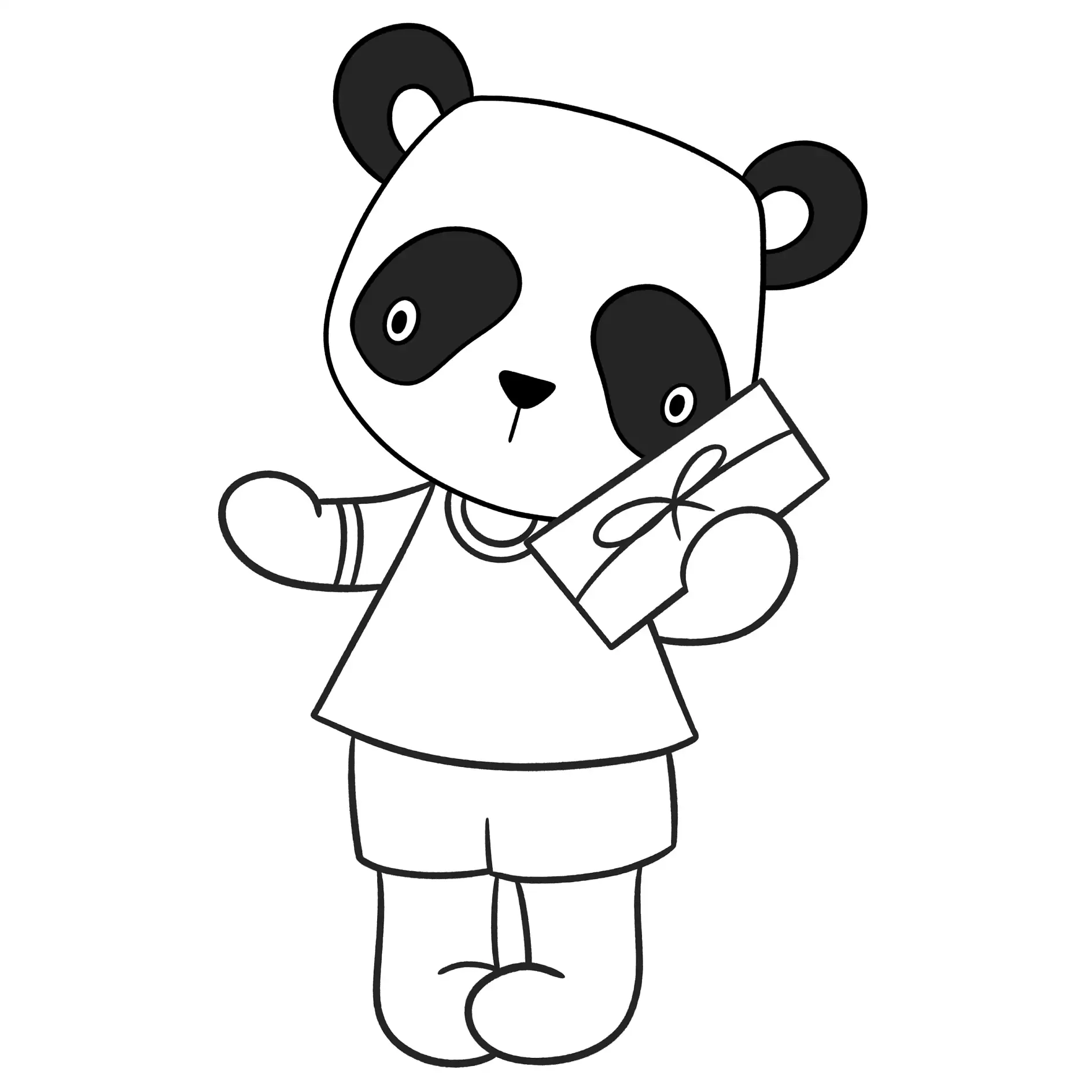 Ausmalbild Panda mit Geschenk in der Hand