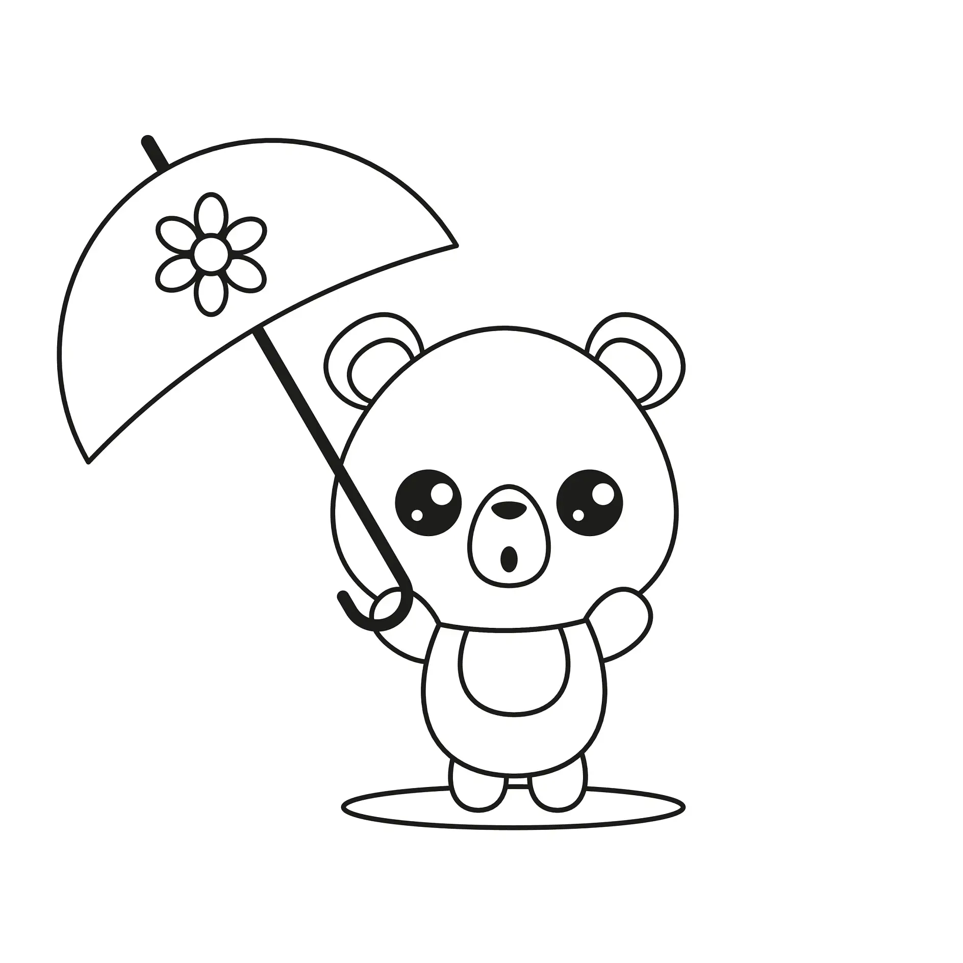 Ausmalbild Panda mit Regenschirm und Blume