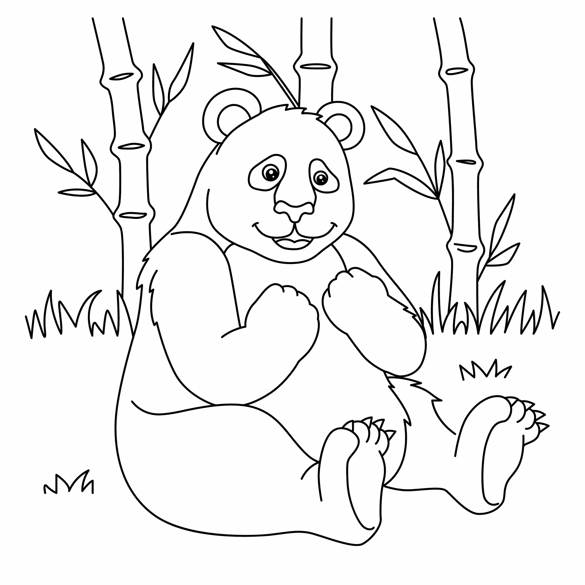 Ausmalbild Panda sitzt entspannt zwischen Bambus