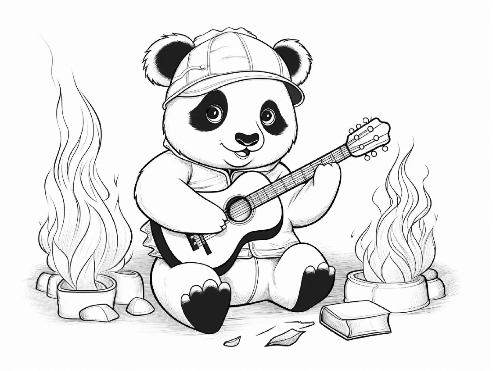 Ausmalbild Panda spielt Gitarre am Lagerfeuer
