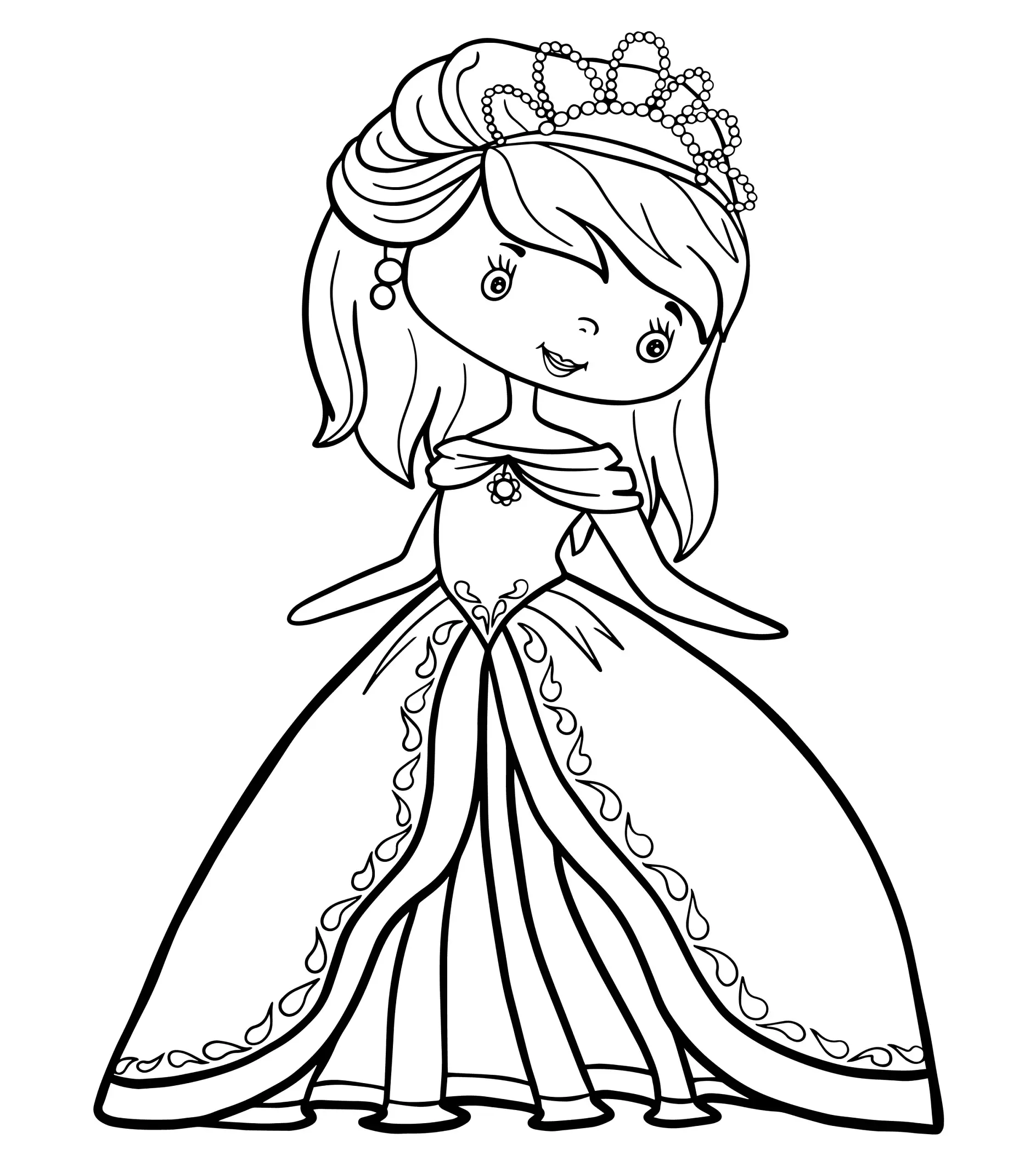 Ausmalbild Prinzessin steht Krone Kleid