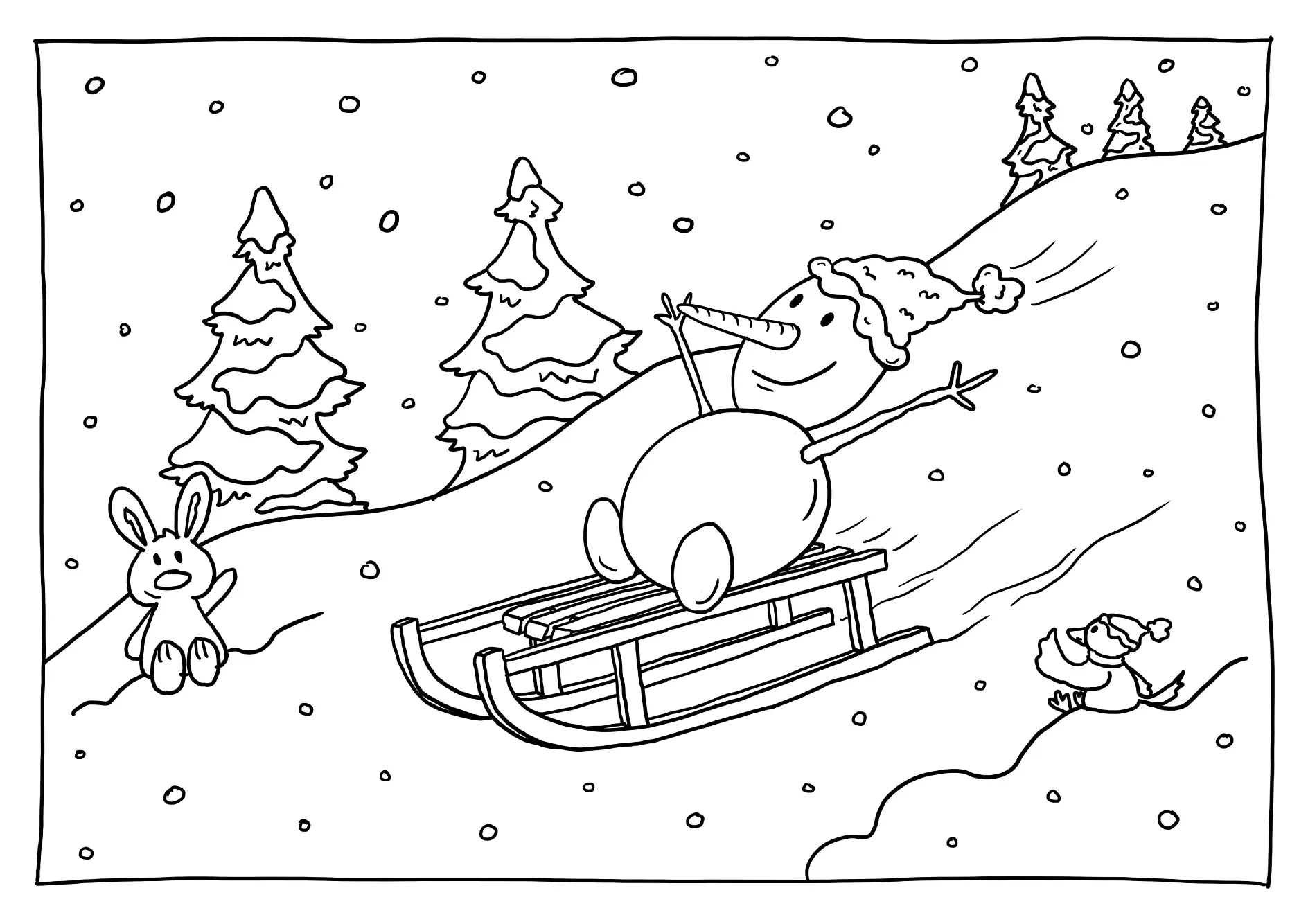 Ausmalbild Schneemann auf Schlitten Hase und Vogel im Schnee