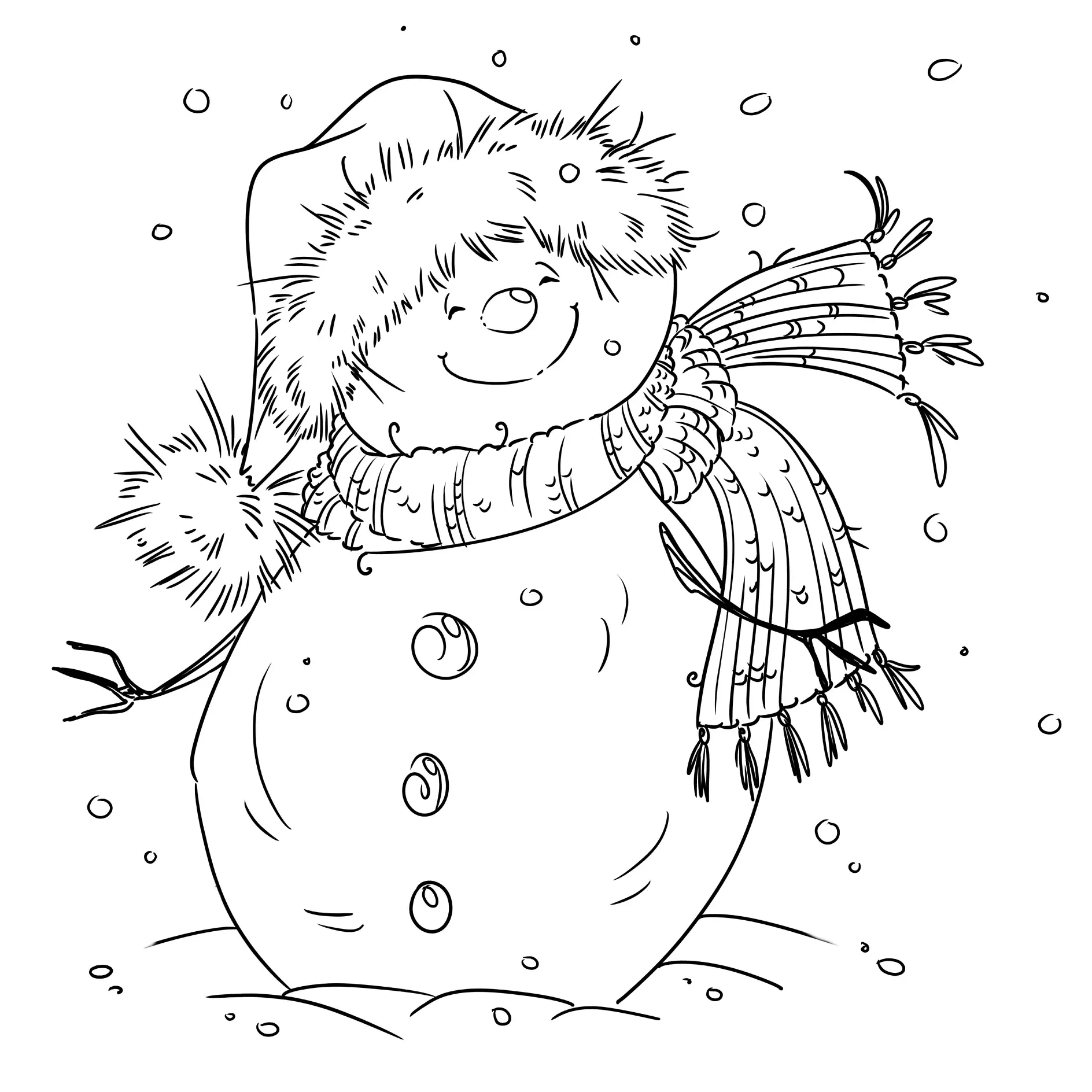 Ausmalbild Schneemann mit Hut und Schal im Schnee