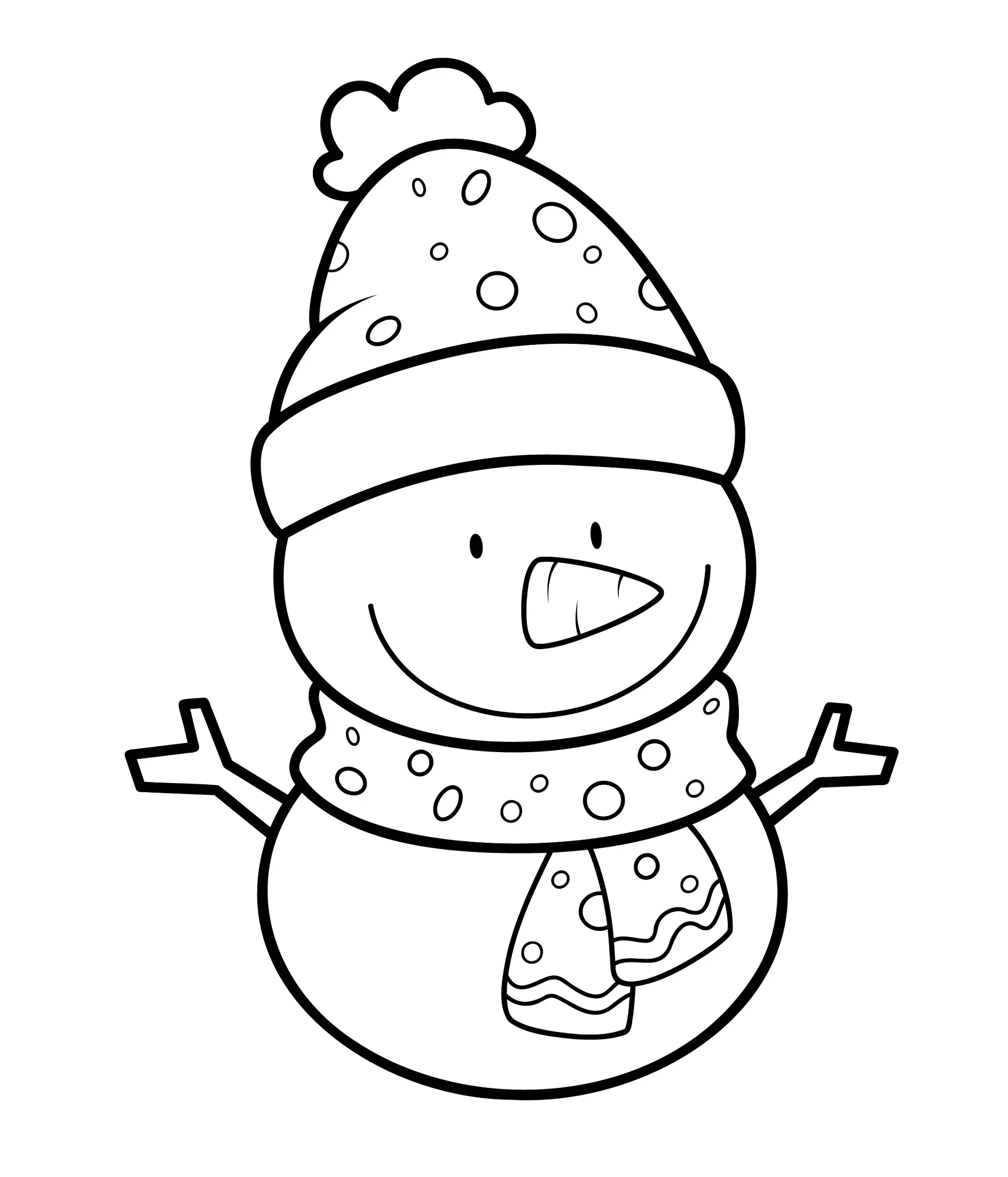 Ausmalbild Schneemann mit Mütze und gepunktetem Schal
