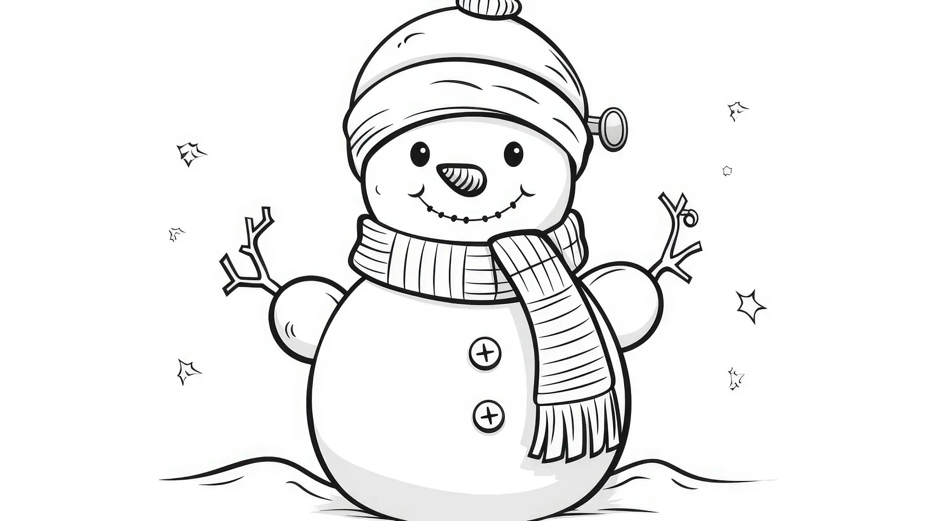 Ausmalbild Schneemann mit Mütze und Schal im Schneefall