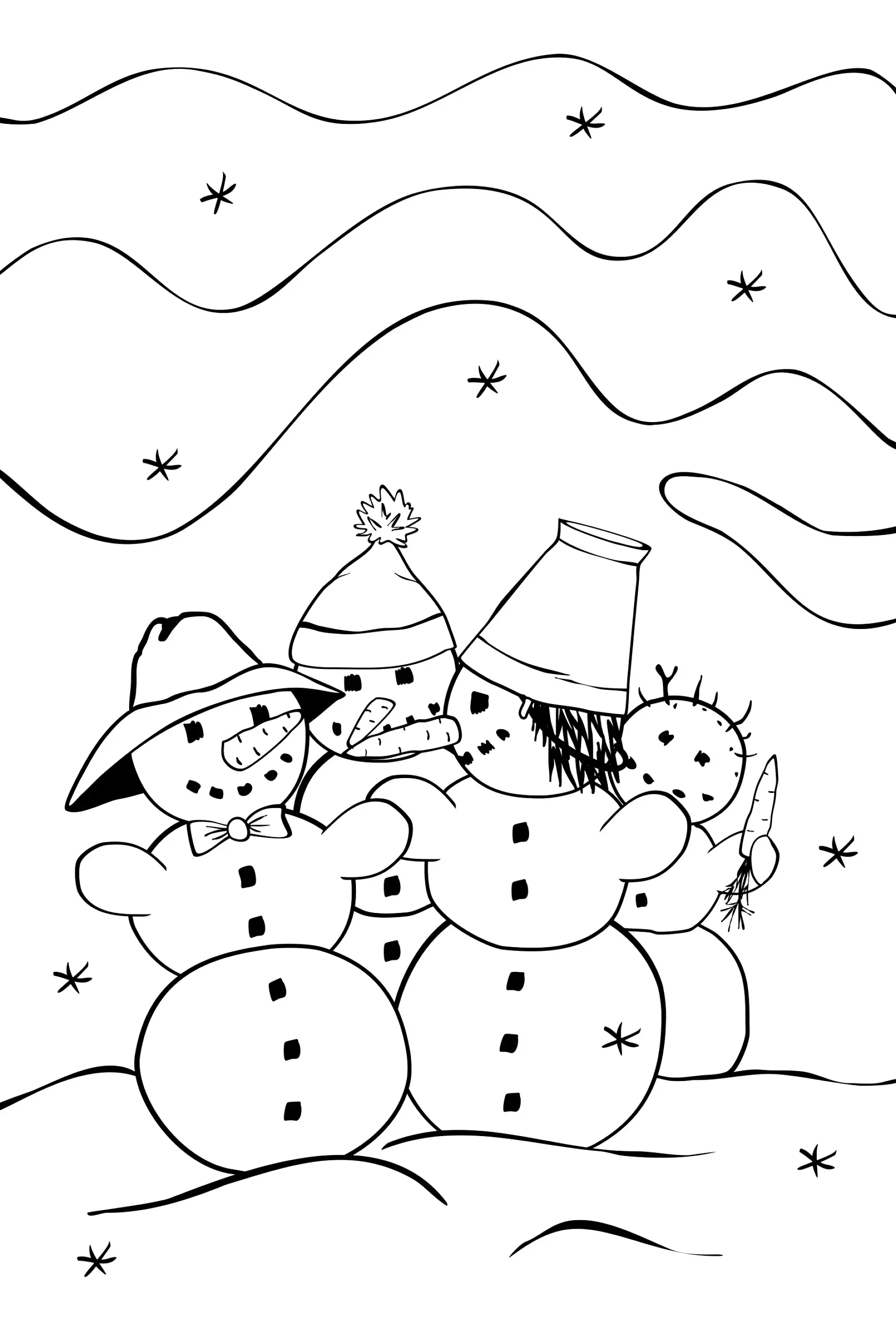 Ausmalbild Schneemanngruppe mit verschiedenen Hüten im Winter
