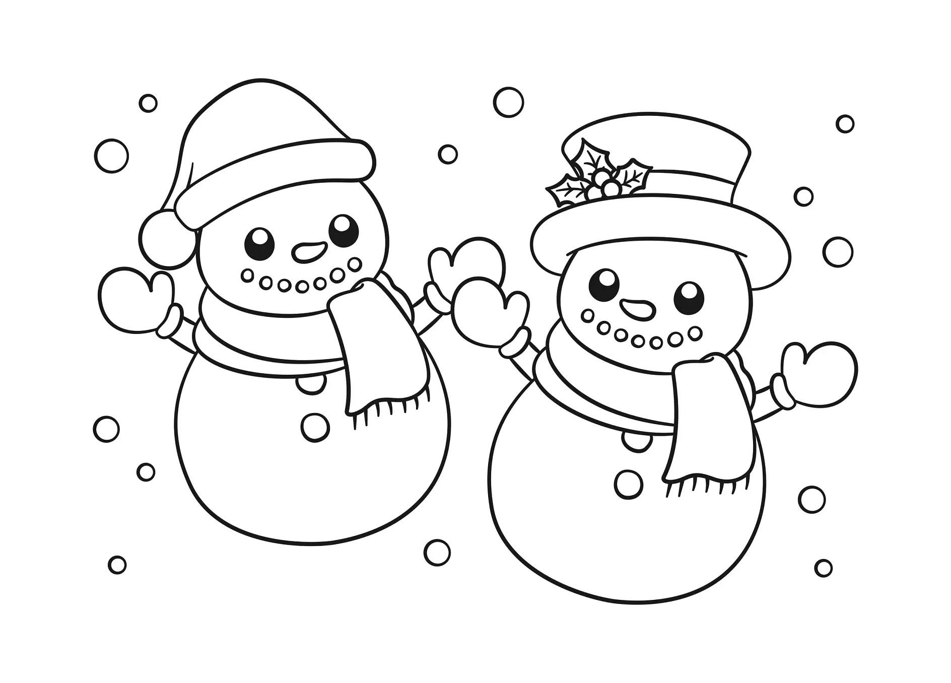 Ausmalbild Zwei Schneemänner mit Mützen und Schals