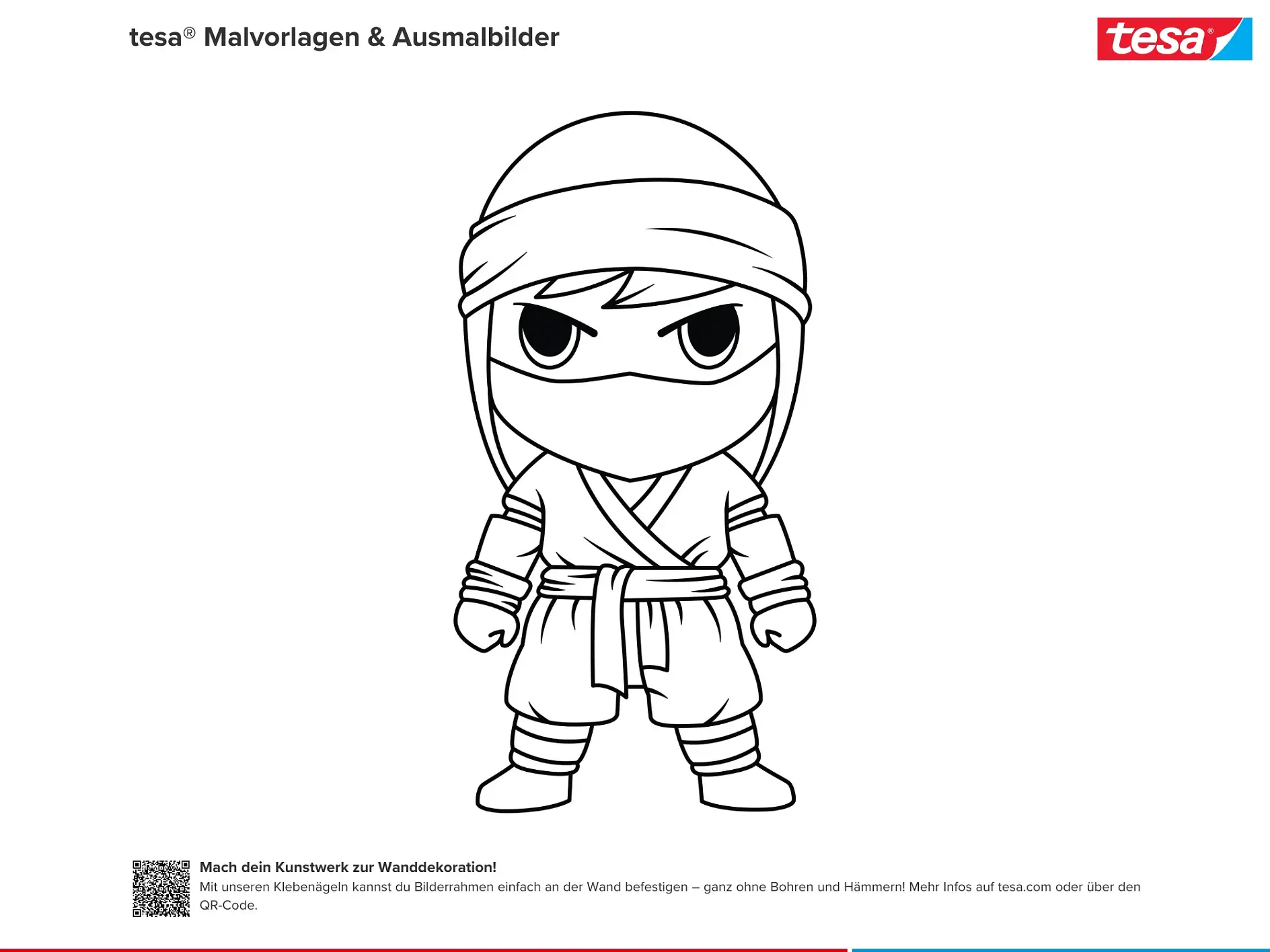 Ausmalbild kleiner Ninja mit Stirnband und entschlossener Haltung