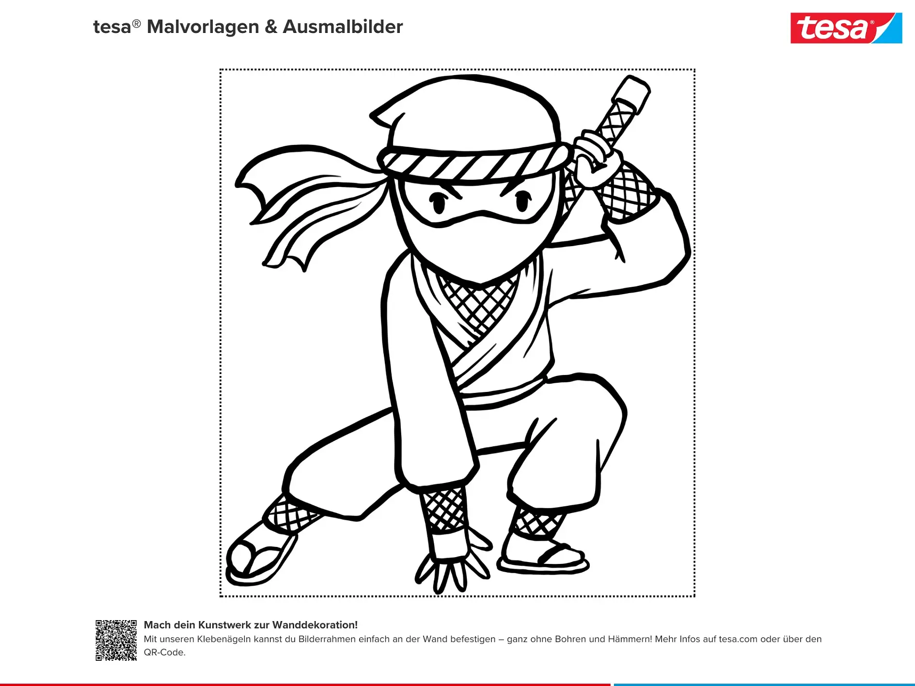 Ausmalbild Ninja in Hockstellung mit Schwert und Bandana
