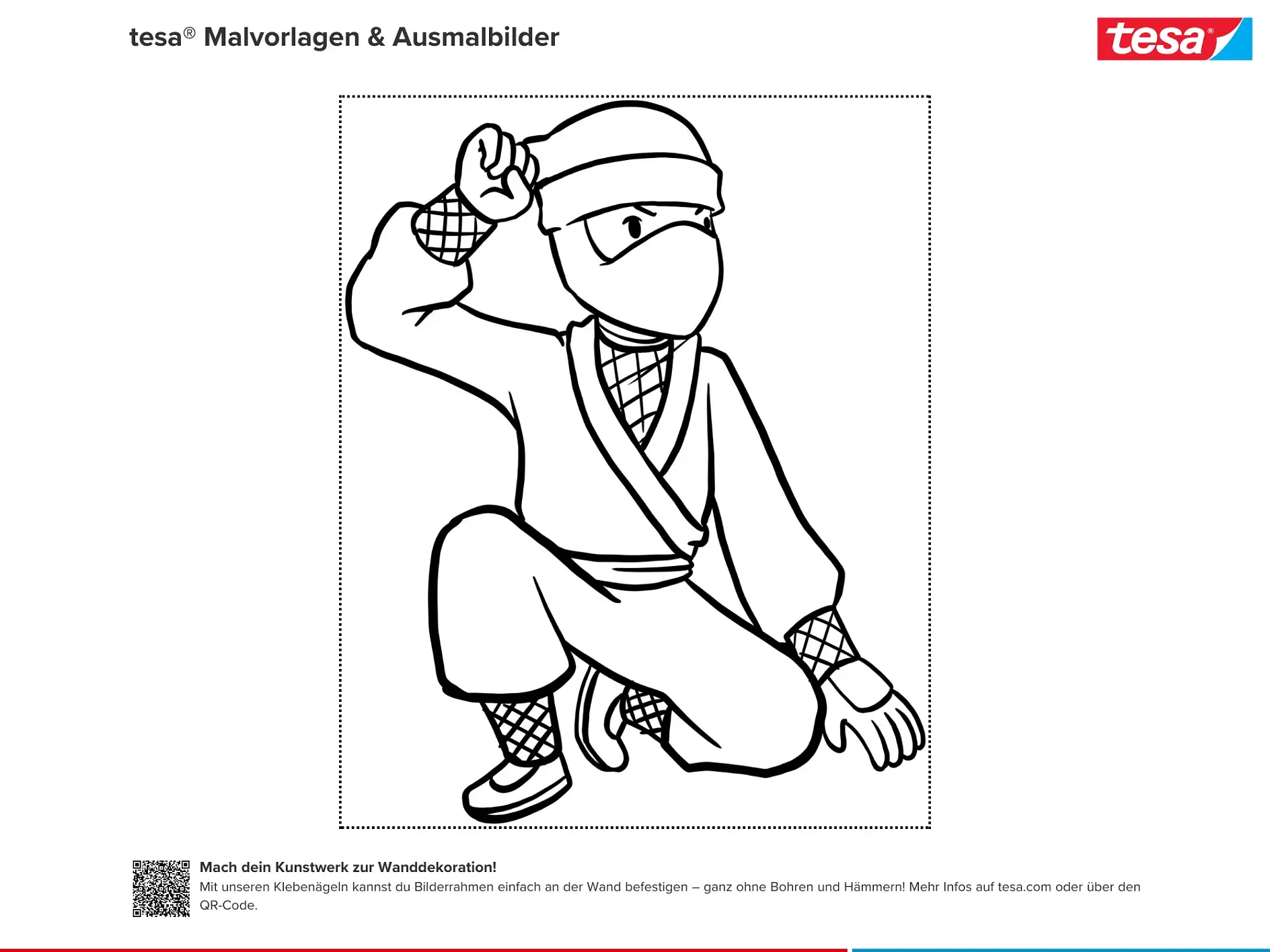 Ausmalbild Ninja in Lauschpose mit erhobener Hand
