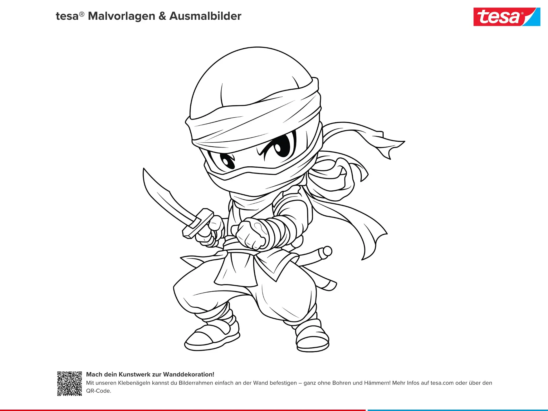 Ausmalbild Ninja mit Schwert in Kampfhaltung