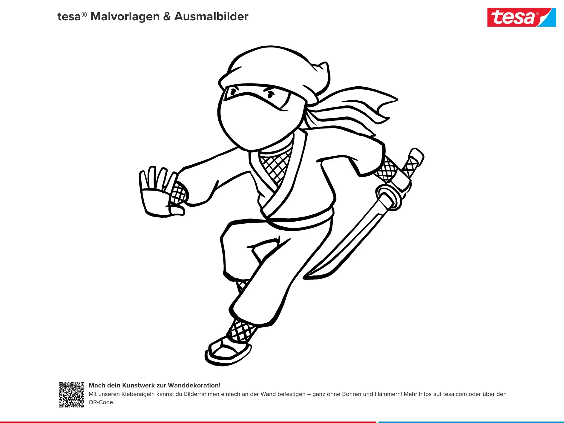 Ausmalbild Ninja mit Schwert und Abwehrgeste