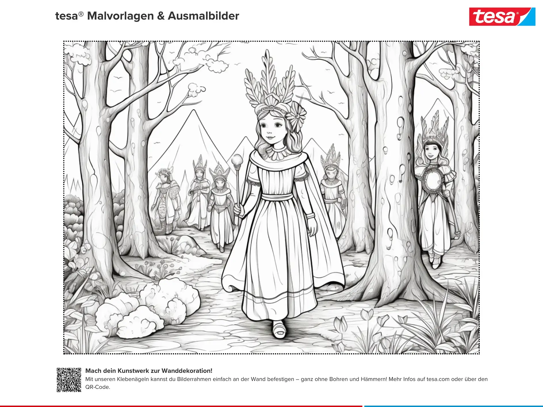 Ausmalbild Prinzessin mit Krone im Wald und Wachen im Hintergrund