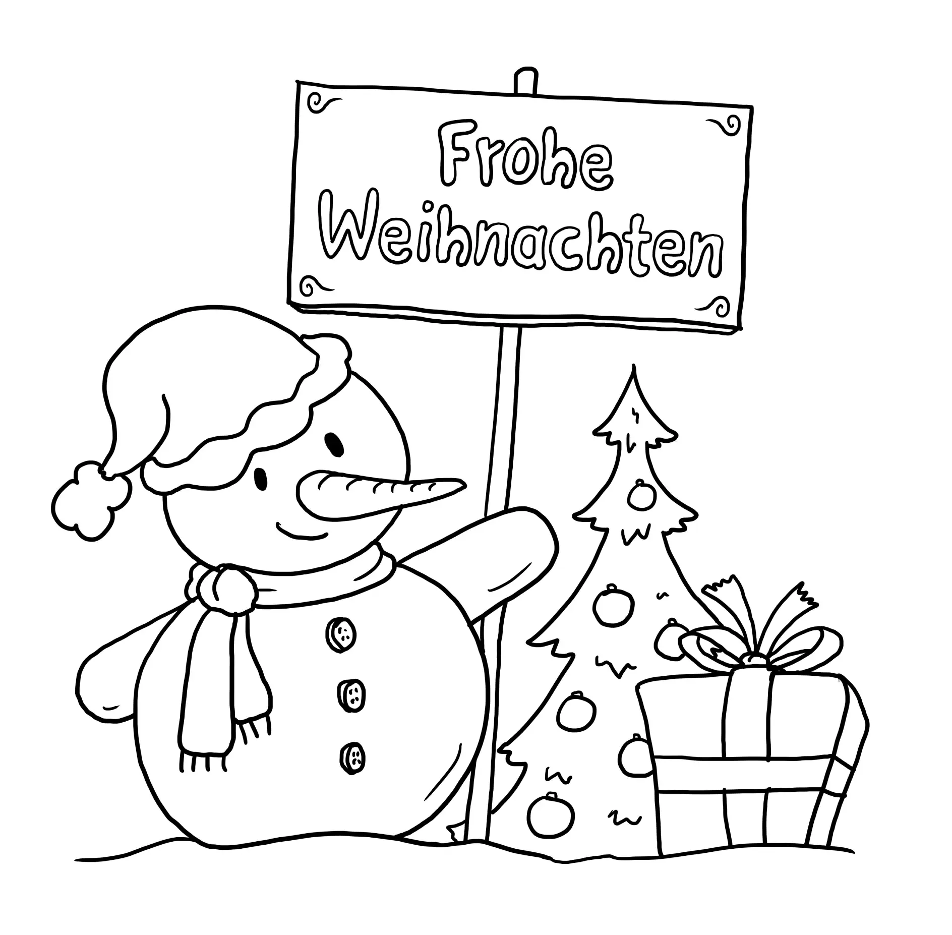 Ausmalbild Schneemann mit Schild Frohe Weihnachten Tanne und Geschenk