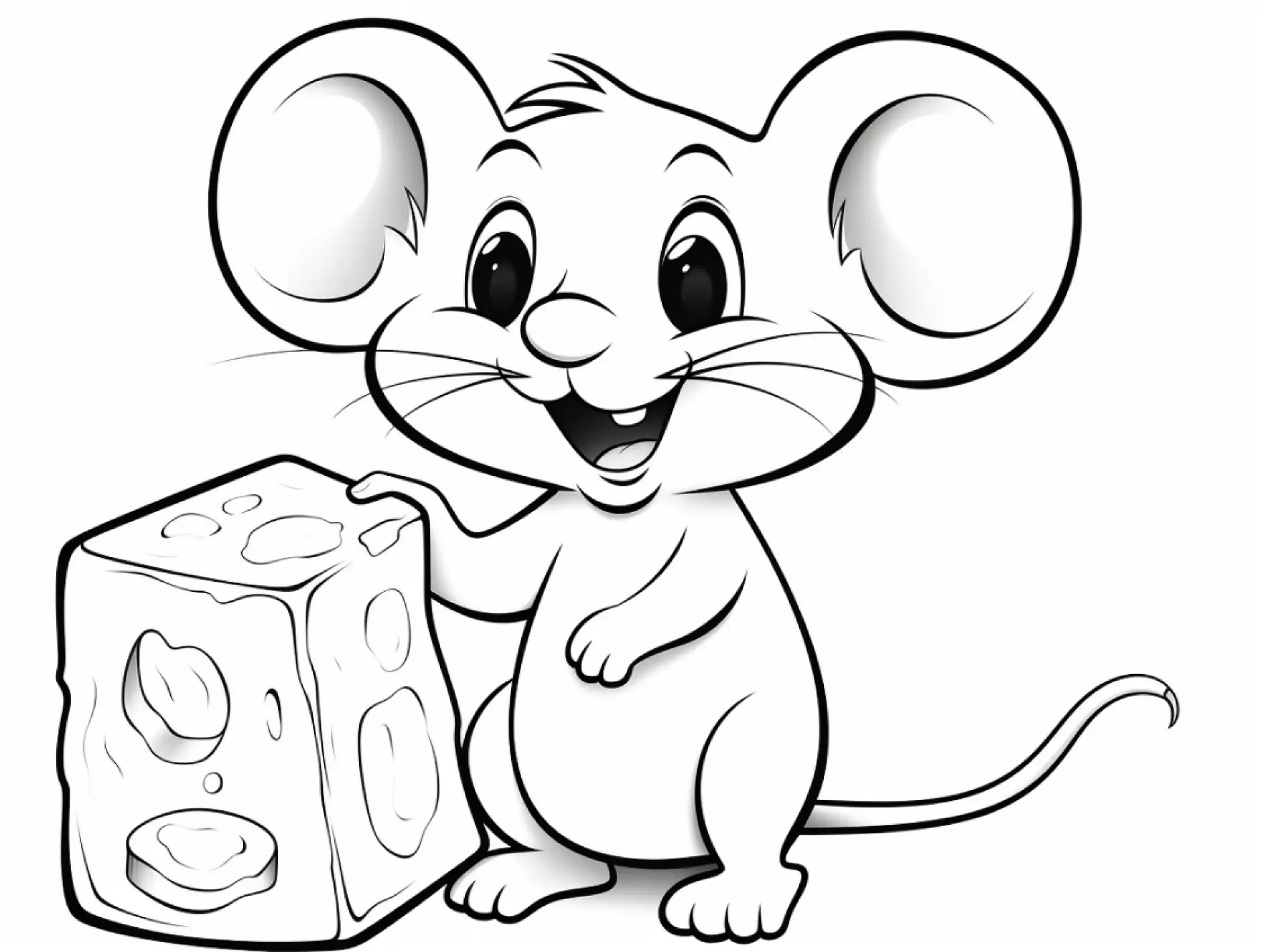 Ausmalbild Maus freudig neben Käsewürfel