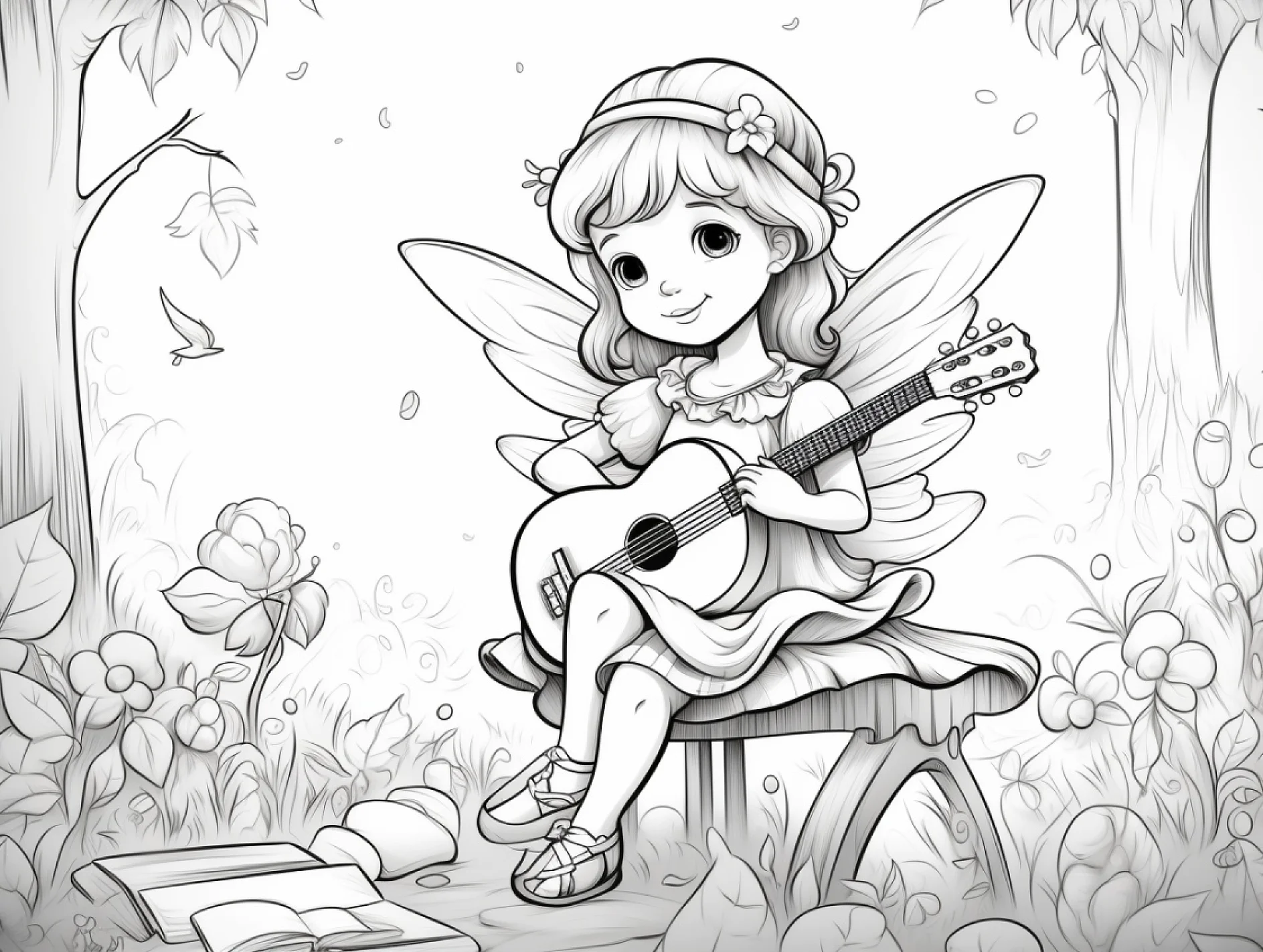 Vorlage Fee spielt Gitarre Bank Wald zum Ausmalen Ausmalbild Fee spielt Gitarre Bank Wald