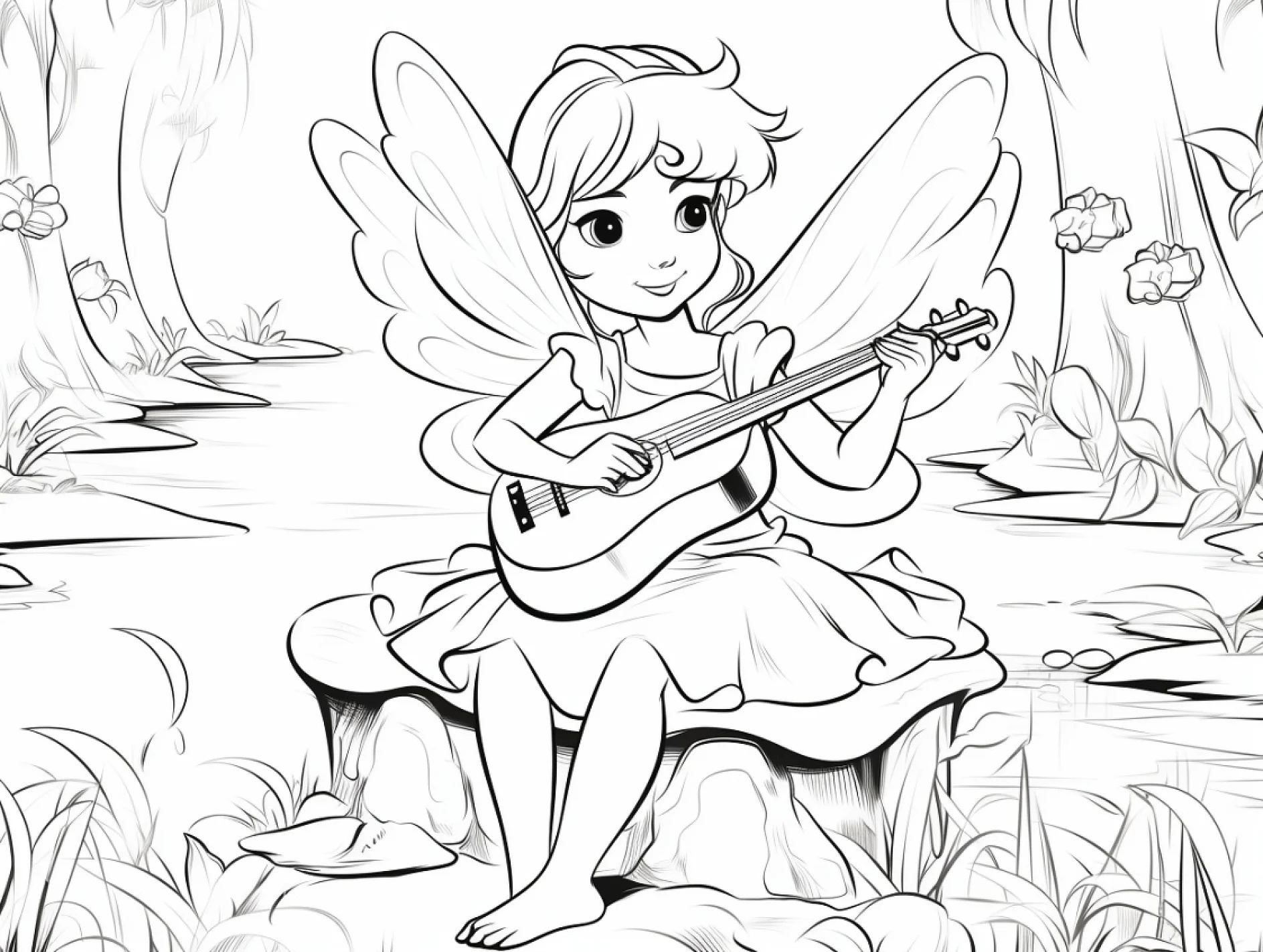 Vorlage Fee spielt Gitarre Wald zum Ausmalen Ausmalbild Fee spielt Gitarre Wald