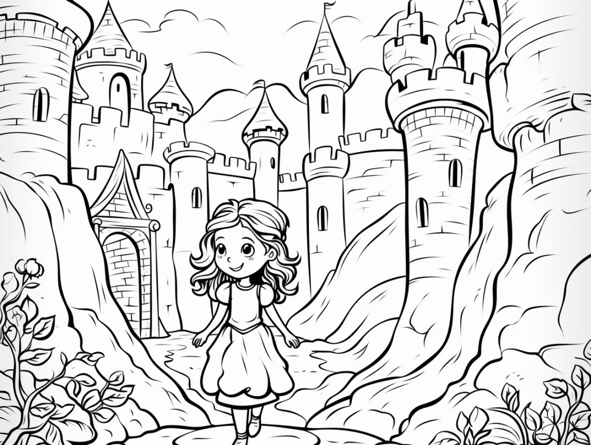 Bild von vorlage-kleine-prinzessin-vor-schloss-mit-blumen-zum-ausmalen,11129336_fixedwidth_18