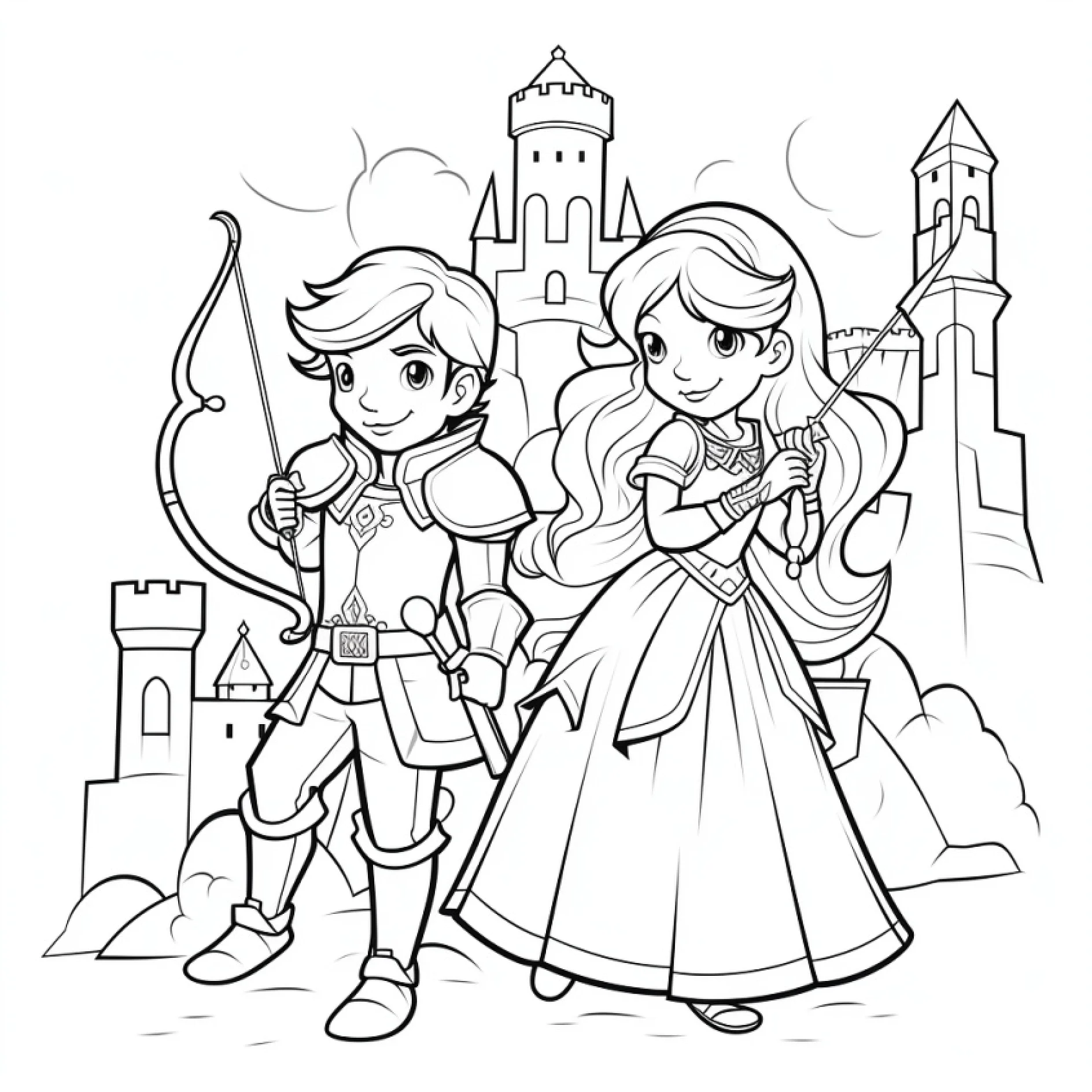 Vorlage Prinz und Prinzessin mit Bogen vor Schloss zum Ausmalen Ausmalbild Prinz und Prinzessin mit Bogen vor Schloss