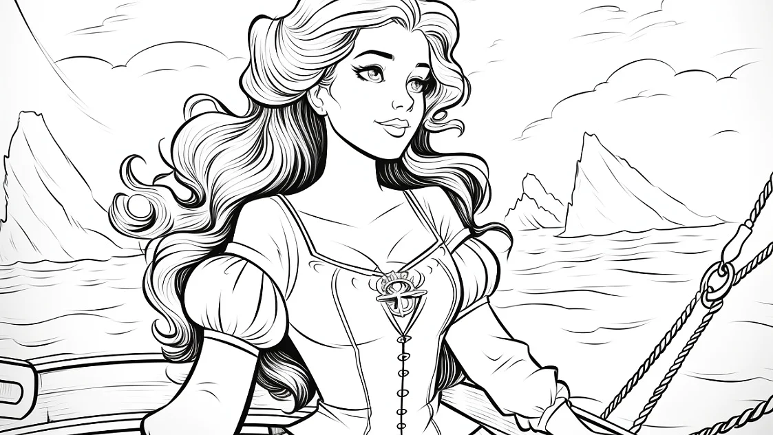 Ausmalbild Prinzessin am Schiff Meer Berge