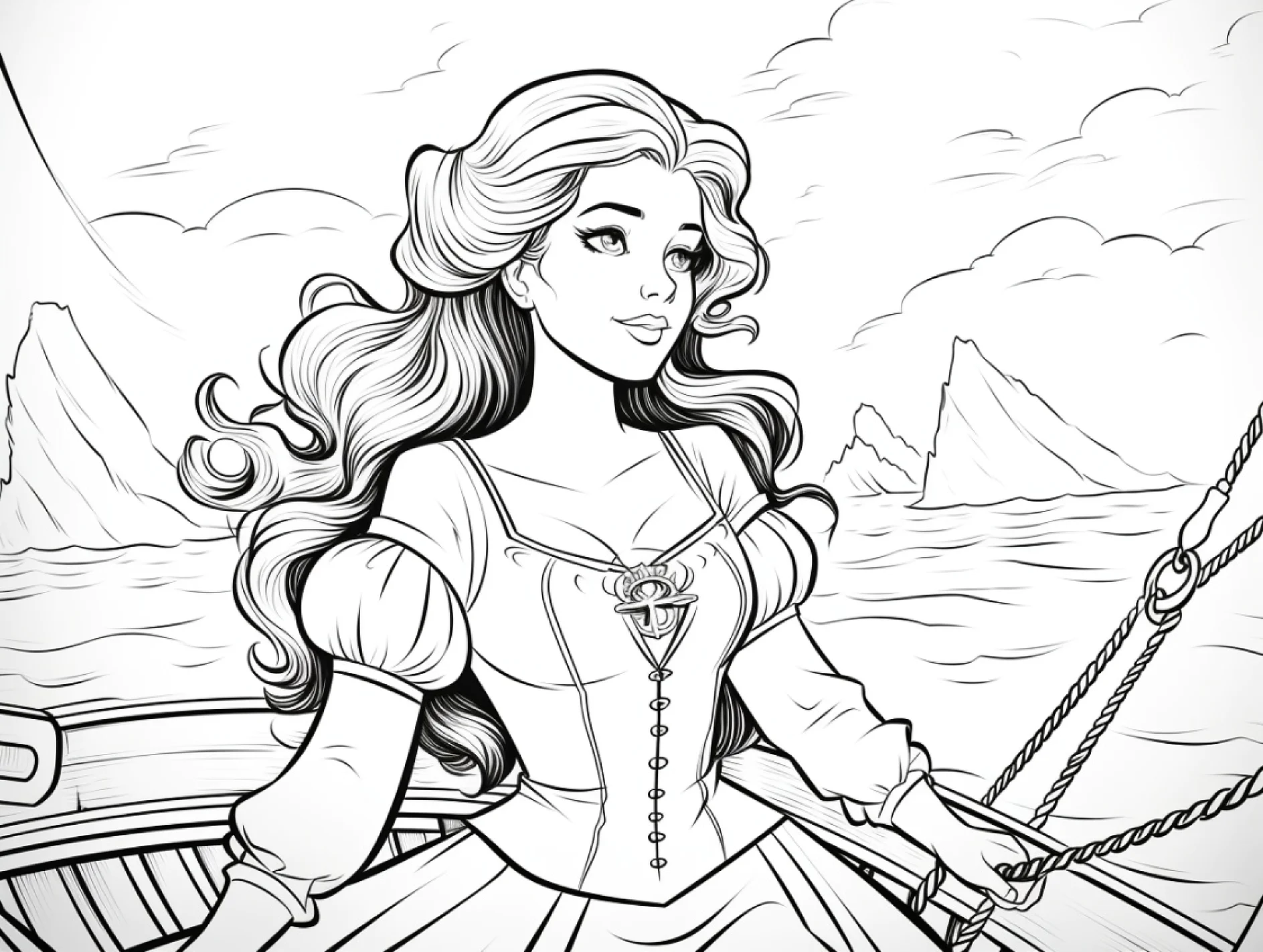 Vorlage Prinzessin am Schiff Meer Berge zum Ausmalen Ausmalbild Prinzessin am Schiff Meer Berge