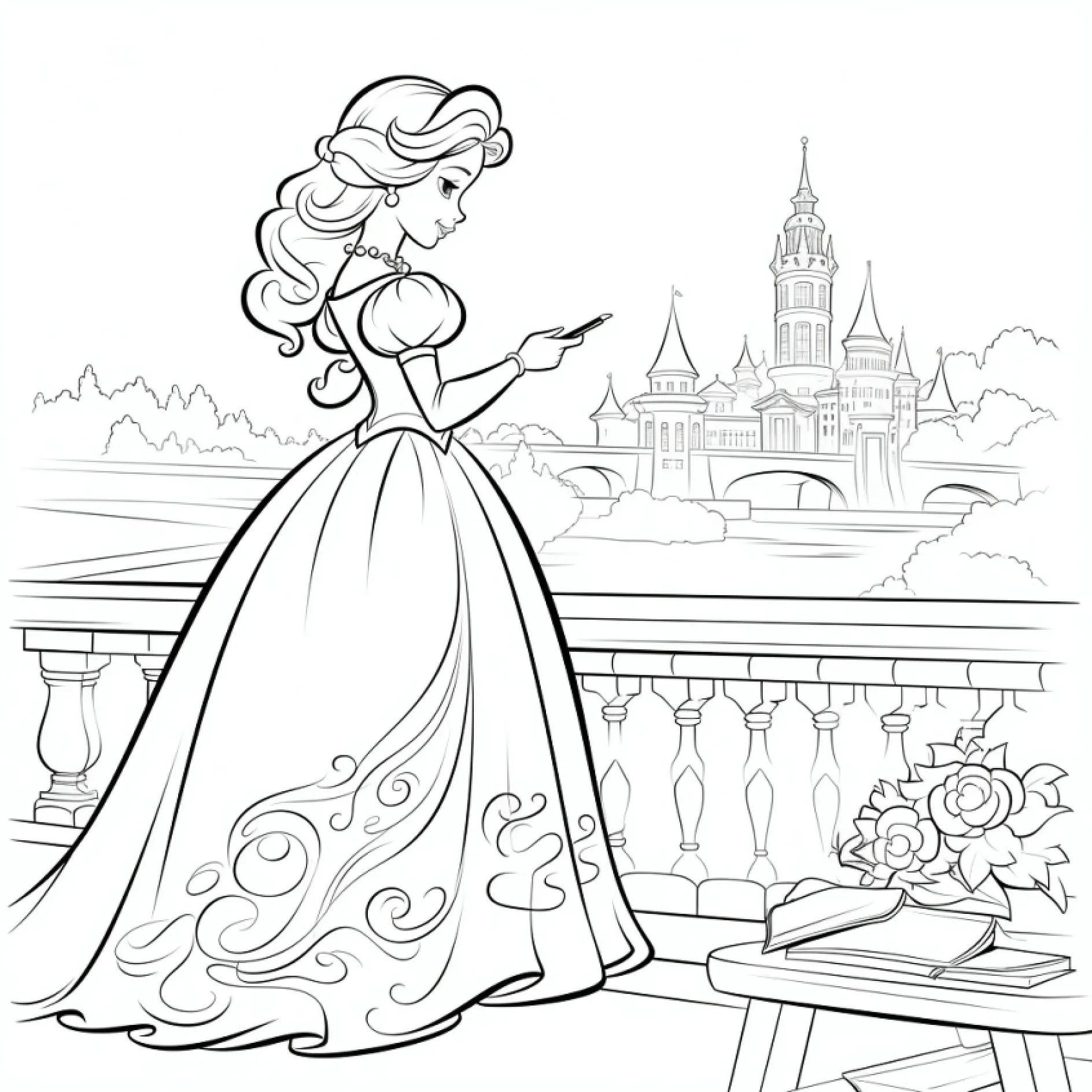 Vorlage Prinzessin auf Balkon mit Schlossblick und Rosen zum Ausmalen Ausmalbild Prinzessin auf Balkon mit Schlossblick und Rosen