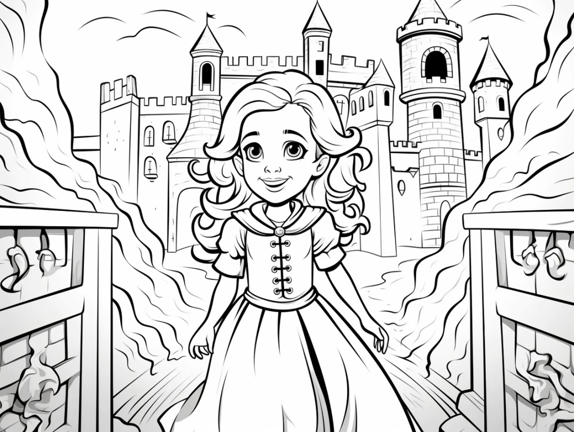 Vorlage Prinzessin auf Burgbrücke mit Festung im Hintergrund zum Ausmalen Ausmalbild Prinzessin auf Burgbrücke mit Festung im Hintergrund