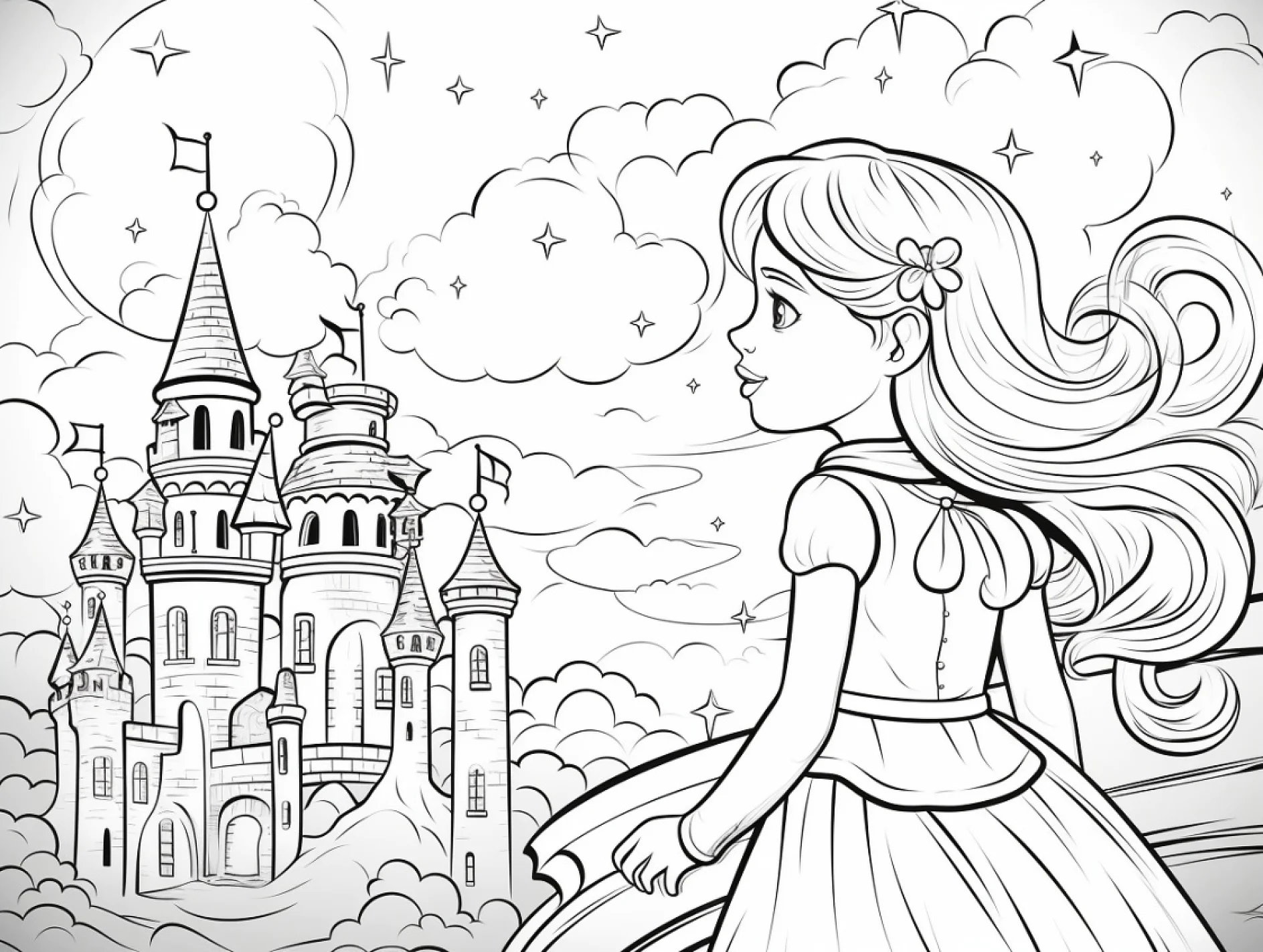 Vorlage Prinzessin blickt auf Schloss mit Wolken zum Ausmalen Ausmalbild Prinzessin blickt auf Schloss mit Wolken