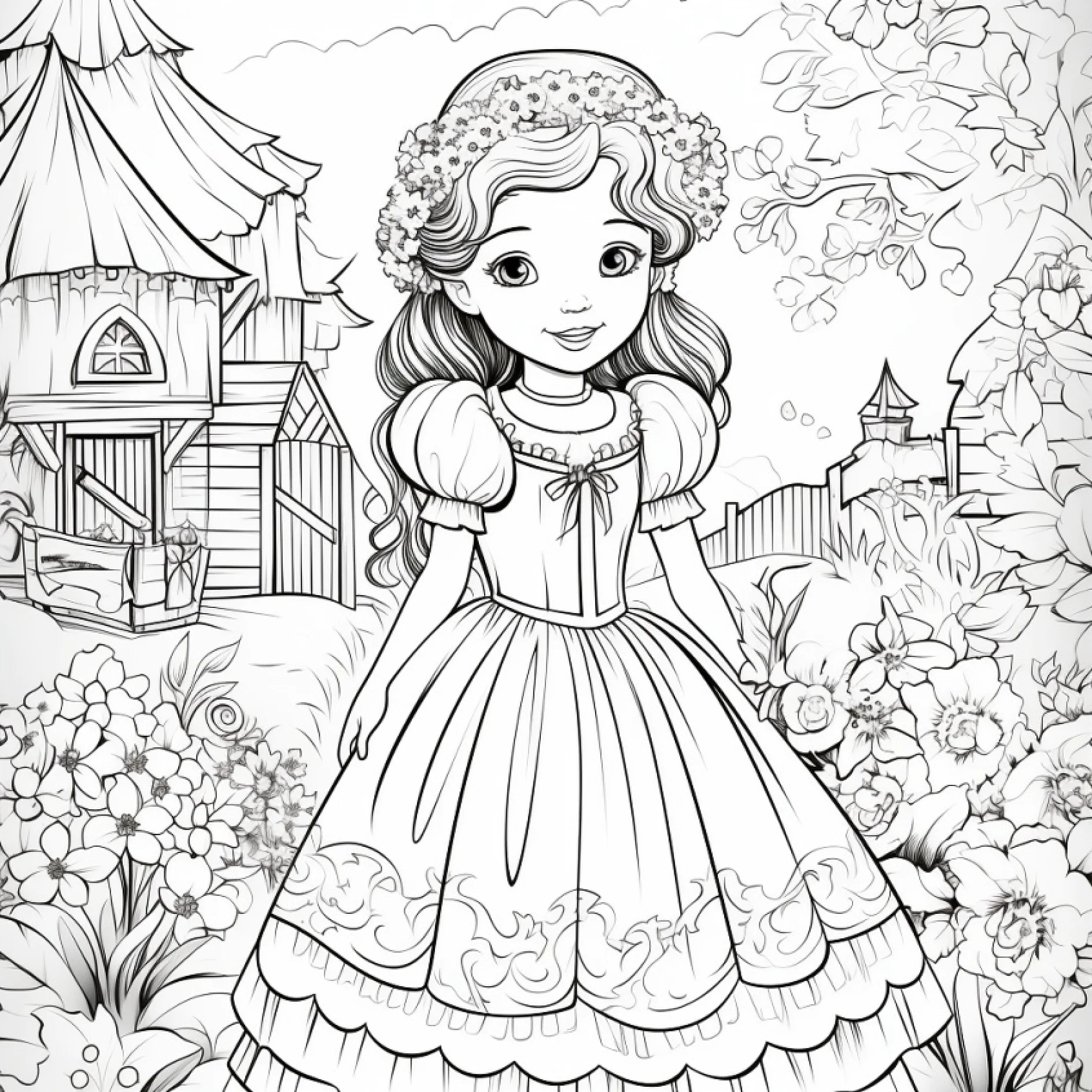 Vorlage Prinzessin im Blumengarten mit Baumhaus und Turm zum Ausmalen Ausmalbild Prinzessin im Blumengarten mit Baumhaus und Turm